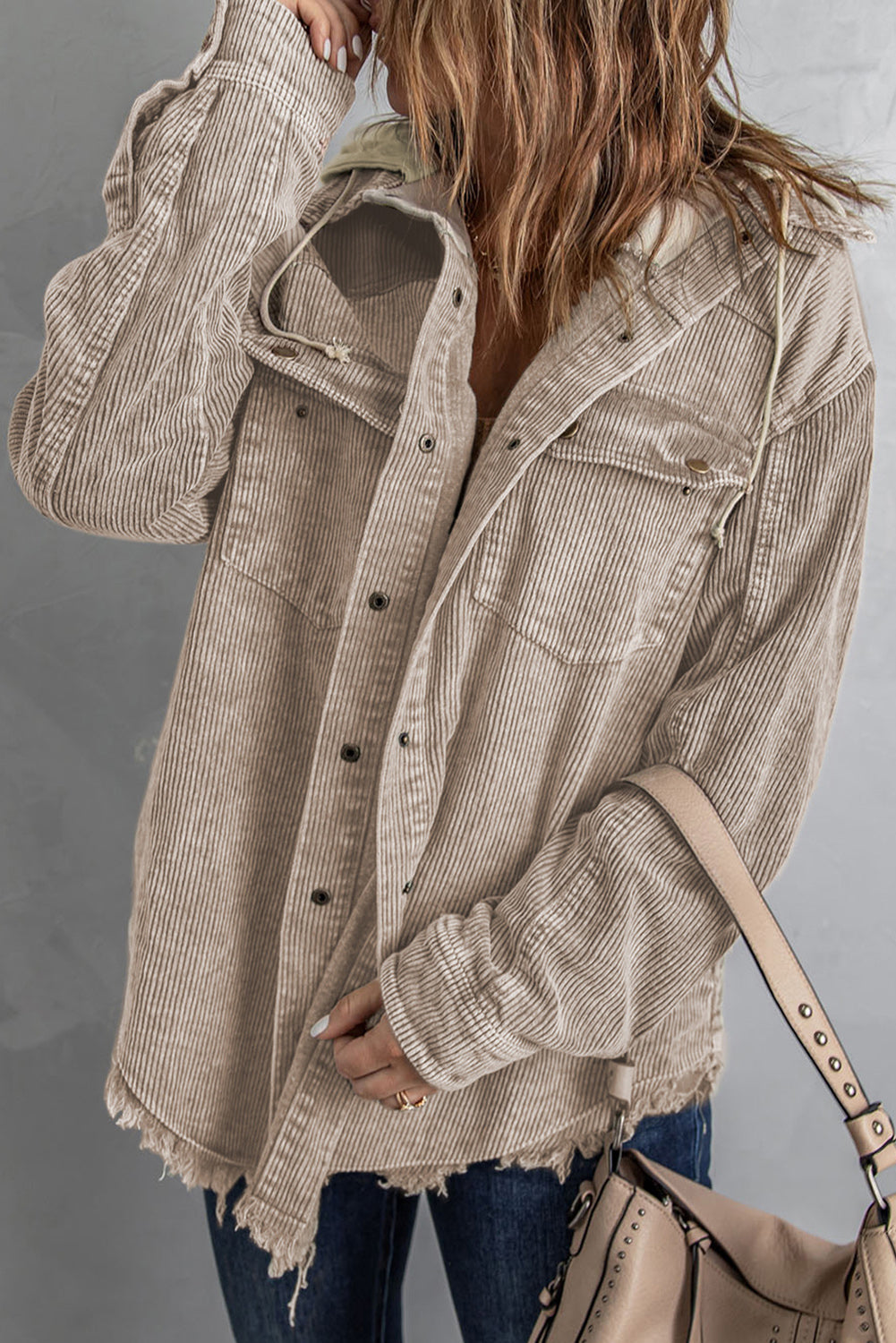 Gray Color Block Button Down Hooded Corduroy Jacket-Outerwear/Jackets-[Adult]-[Female]-2022 Online Blue Zone Planet