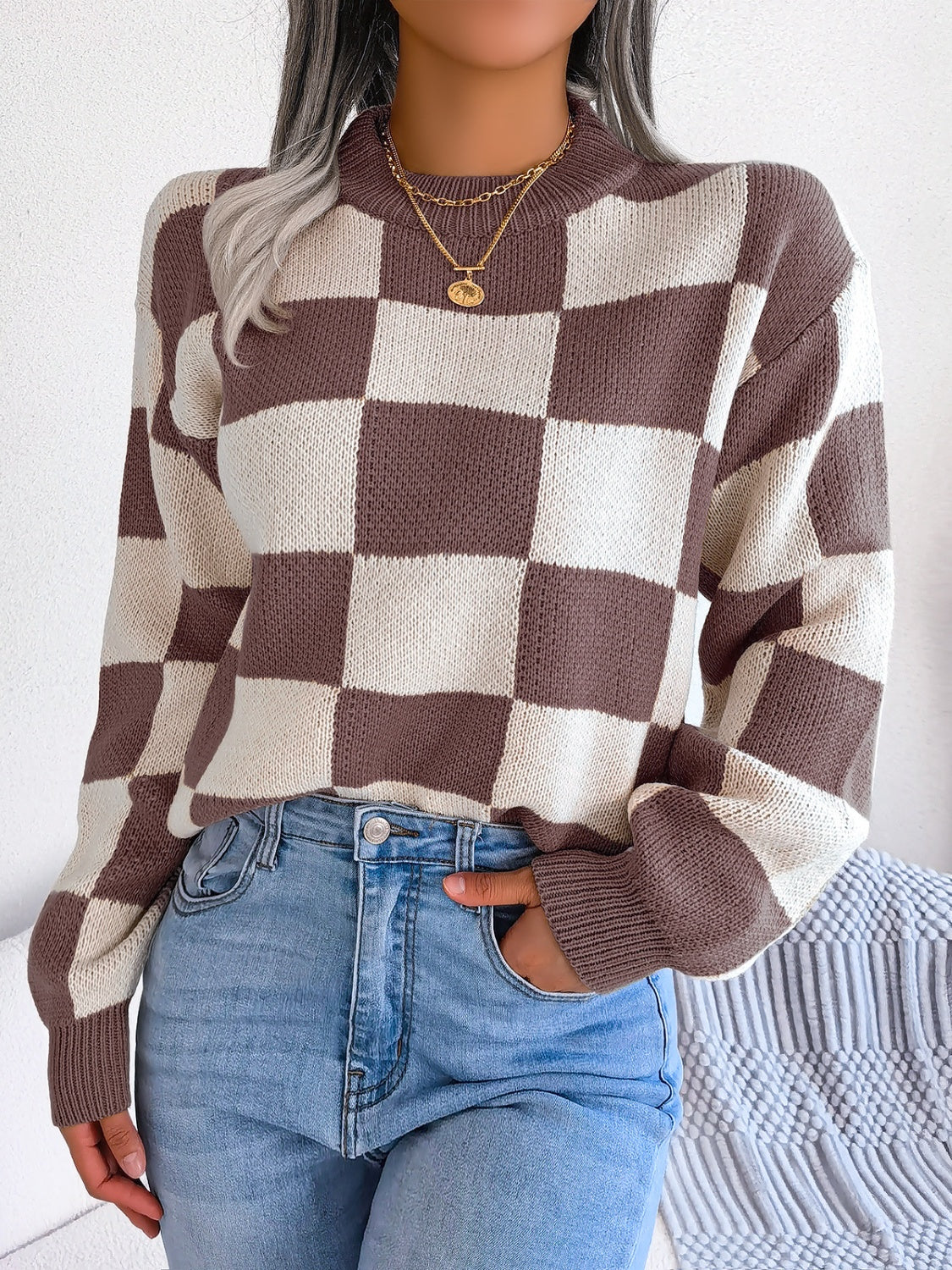 Checkered Mock Neck Long Sleeve Sweater-TOPS / DRESSES-[Adult]-[Female]-Taupe-S-2022 Online Blue Zone Planet