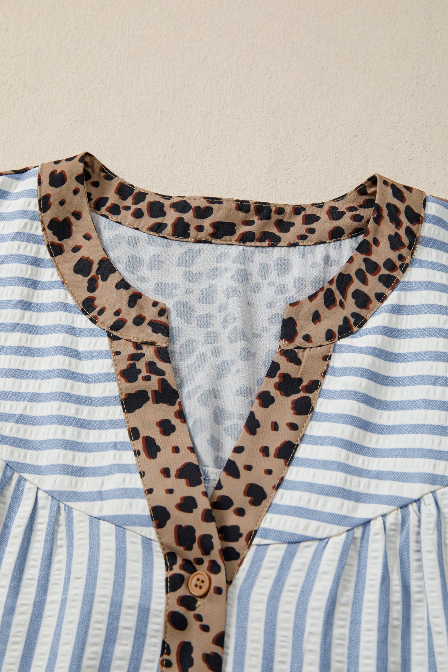Sky Blue Stripe Leopard Trim V Neck Button Down Half Sleeve Shirt-Tops/Blouses & Shirts-[Adult]-[Female]-2022 Online Blue Zone Planet