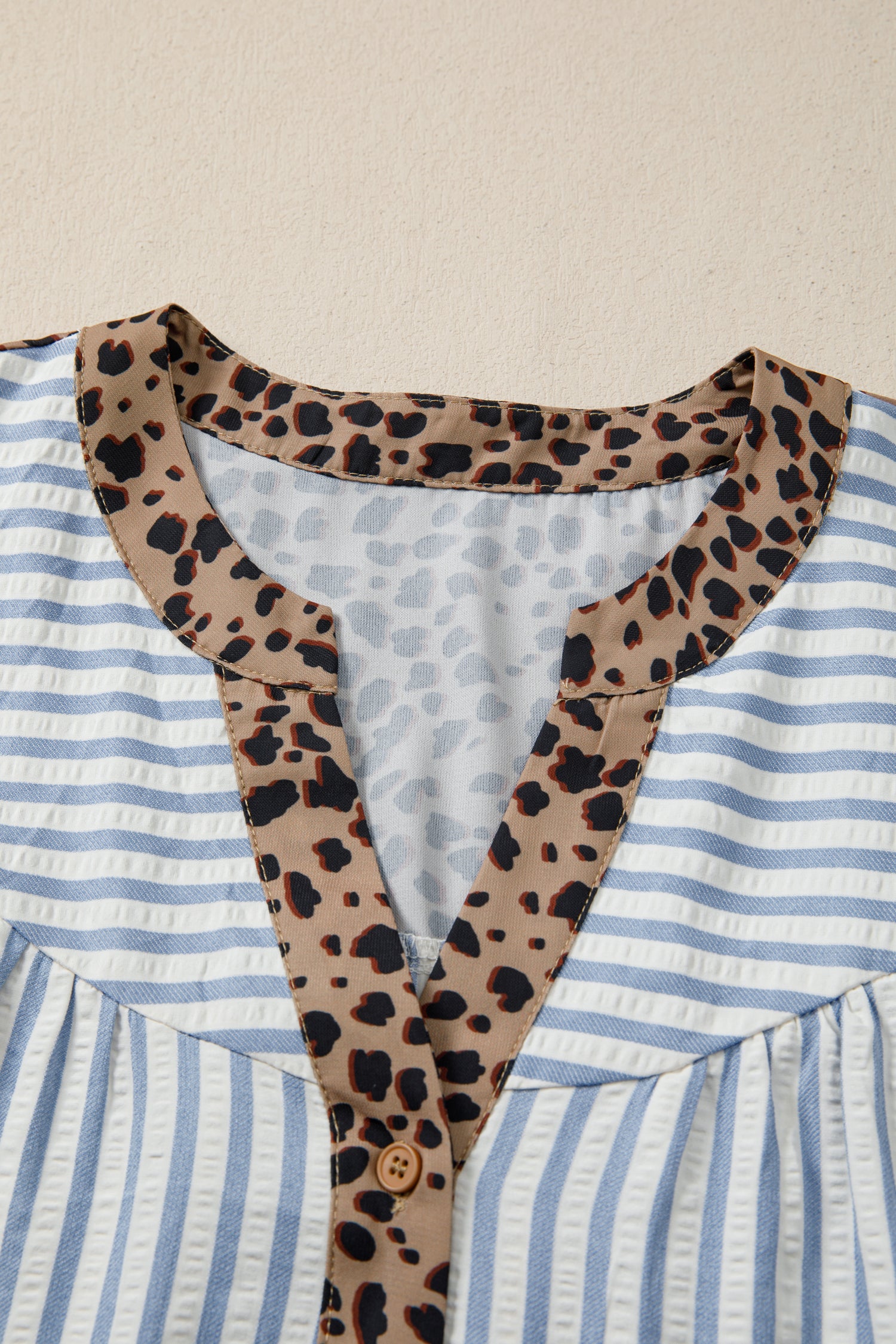 Sky Blue Stripe Leopard Trim V Neck Button Down Half Sleeve Shirt-Tops/Blouses & Shirts-[Adult]-[Female]-2022 Online Blue Zone Planet