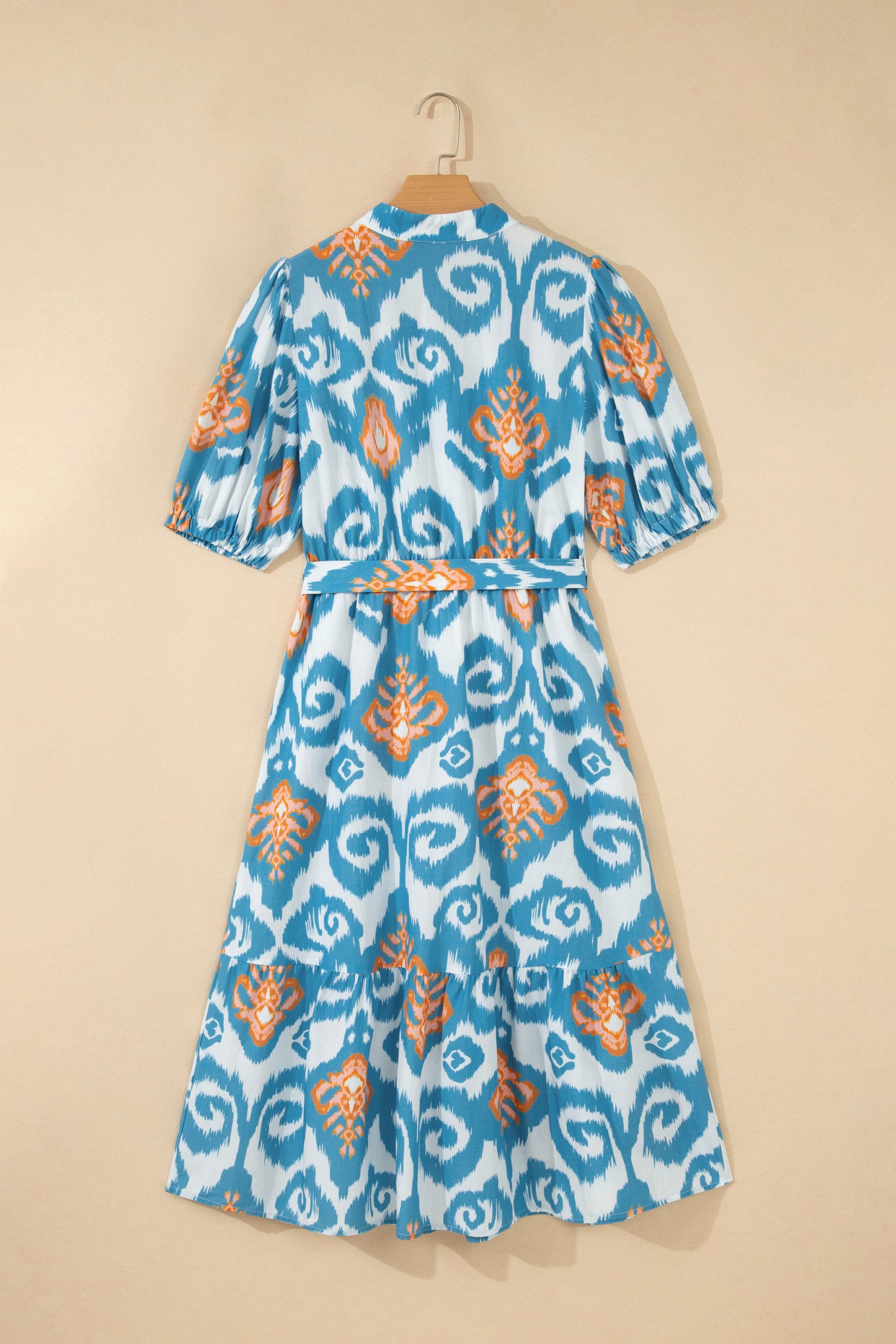 Sky Blue Boho Floral Print Short Puff Sleeve Button Down Ruffle Hem Midi Dress-TOPS / DRESSES-[Adult]-[Female]-2022 Online Blue Zone Planet