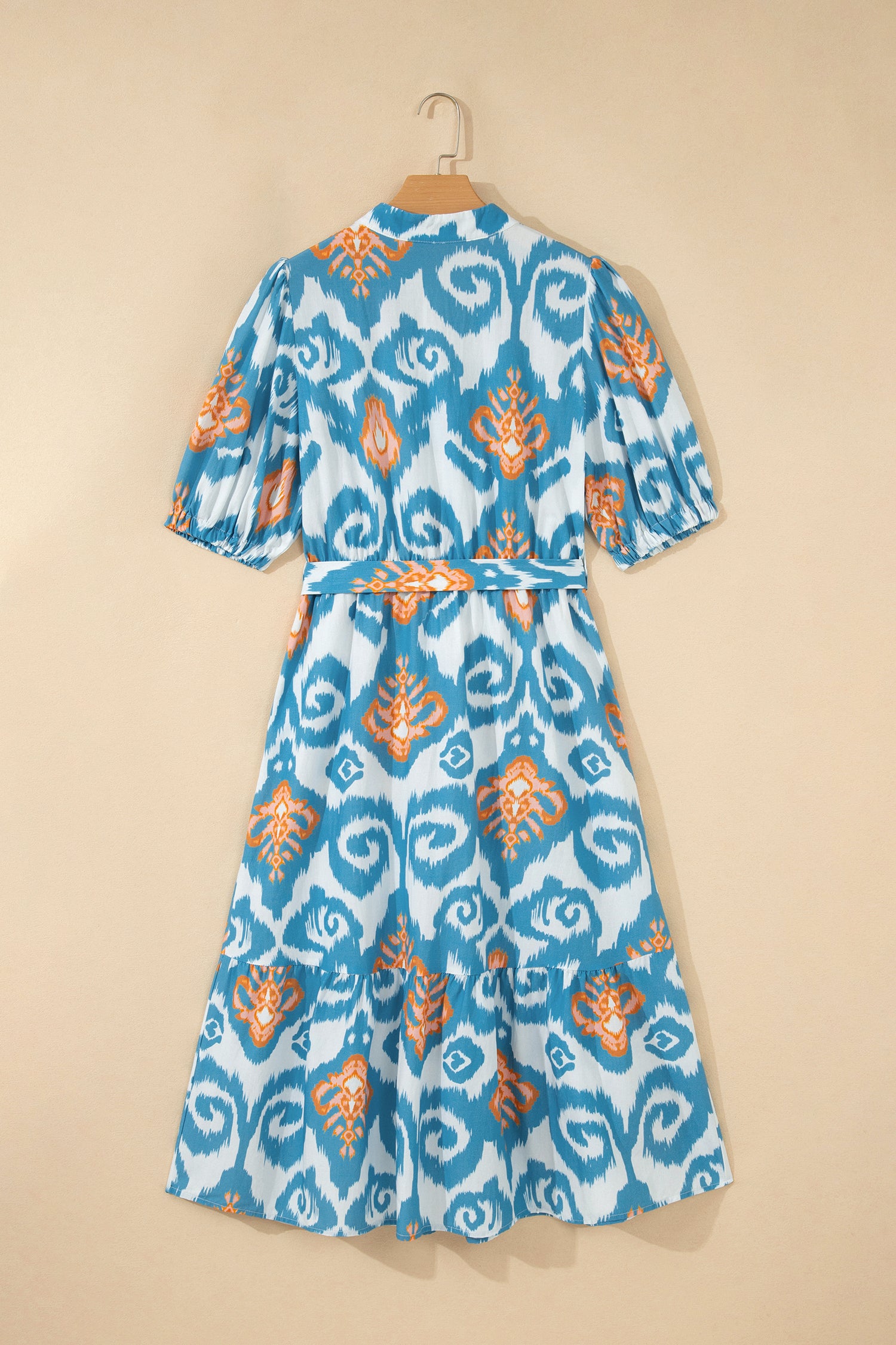 Sky Blue Boho Floral Print Short Puff Sleeve Button Down Ruffle Hem Midi Dress-TOPS / DRESSES-[Adult]-[Female]-2022 Online Blue Zone Planet