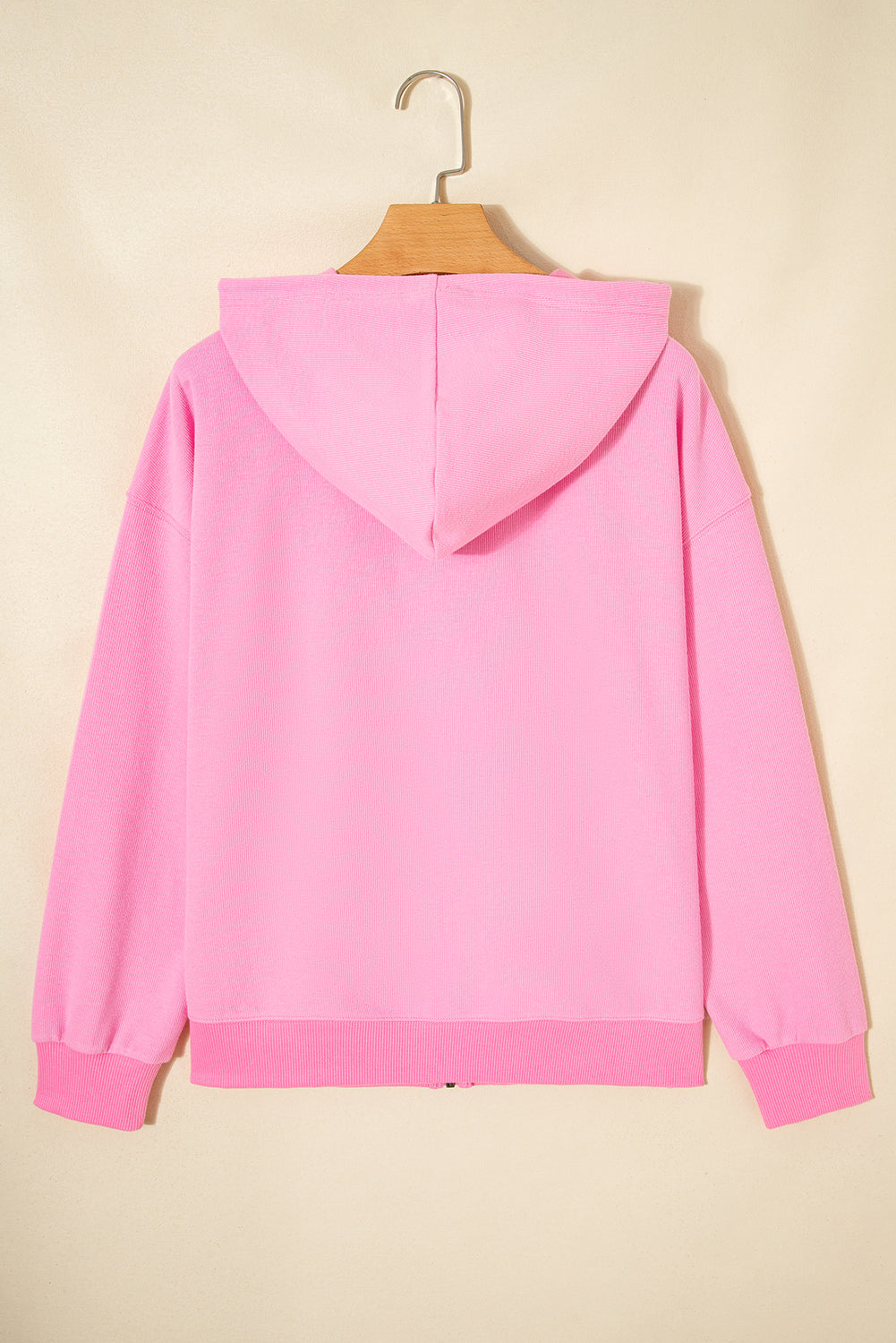 Sachet Pink Solid Color Ribbed Zip Up Drawstring Hooded Jacket-Tops / Dresses-[Adult]-[Female]-2022 Online Blue Zone Planet