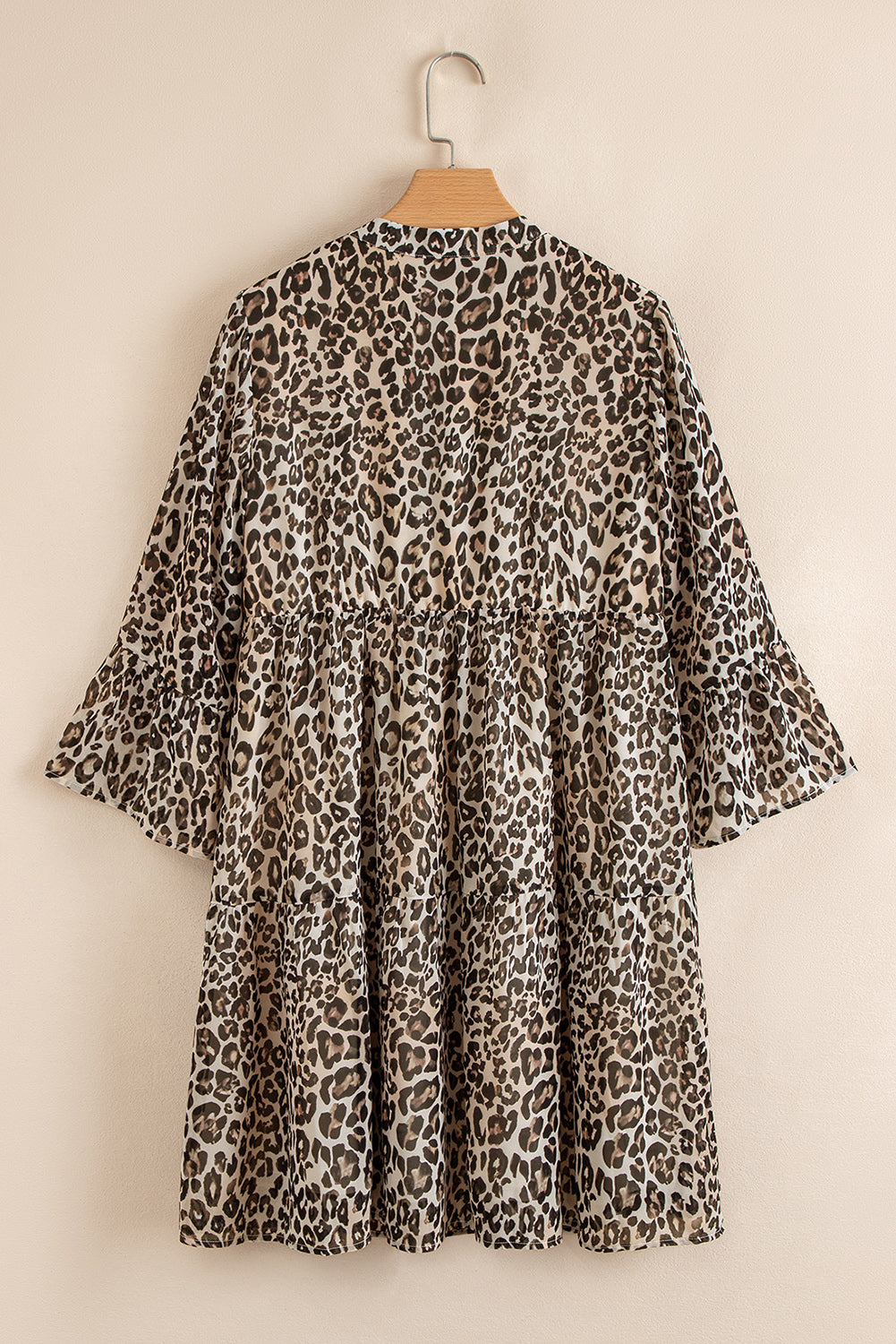 Khaki Leopard 3/4 Sleeve V Neck Swing Dress-TOPS / DRESSES-[Adult]-[Female]-2022 Online Blue Zone Planet