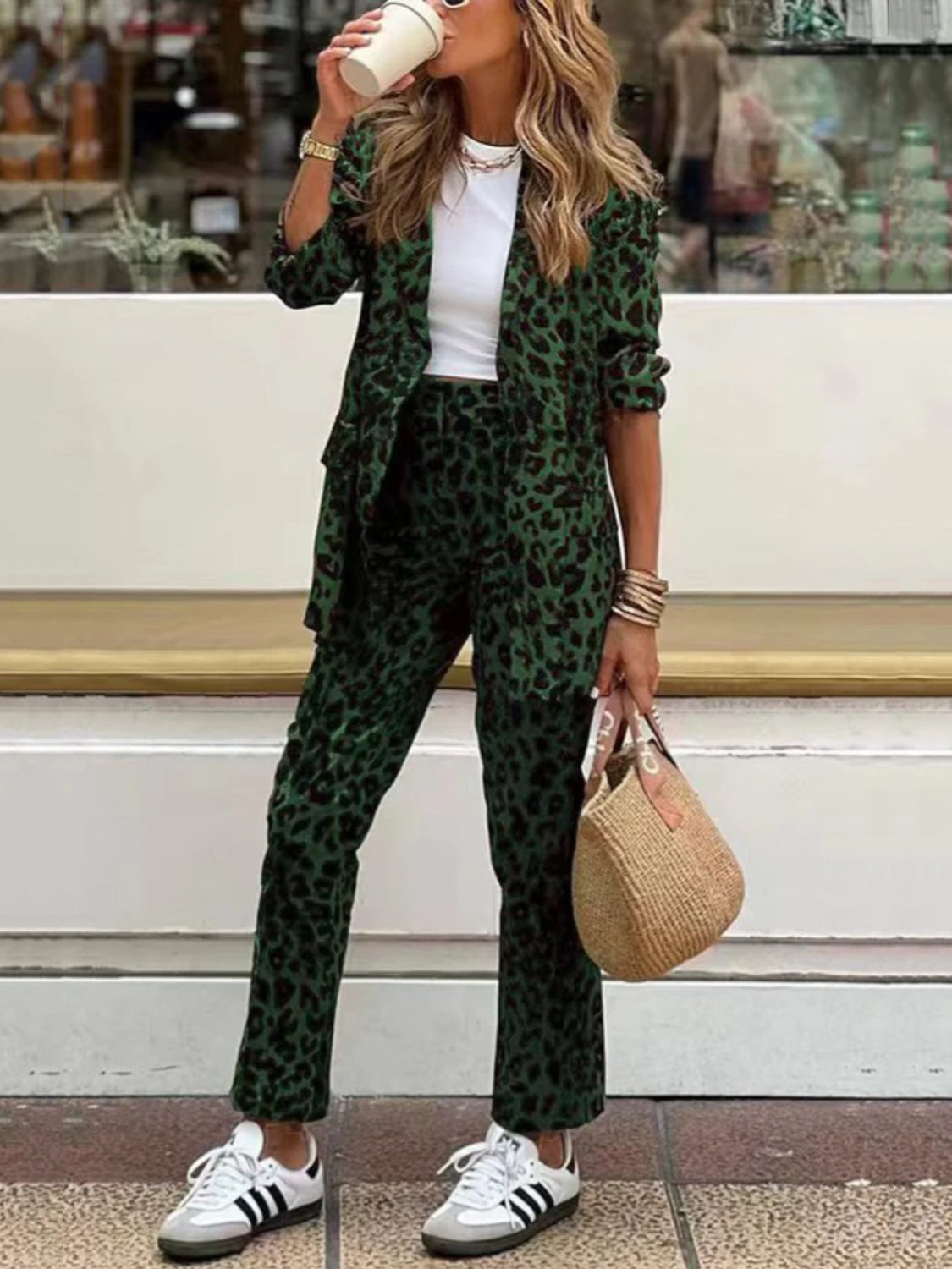 Full Size Leopard Lapel Collar Long Sleeve Blazer and Pants Set-TOPS / DRESSES-[Adult]-[Female]-Dark Green-S-2022 Online Blue Zone Planet