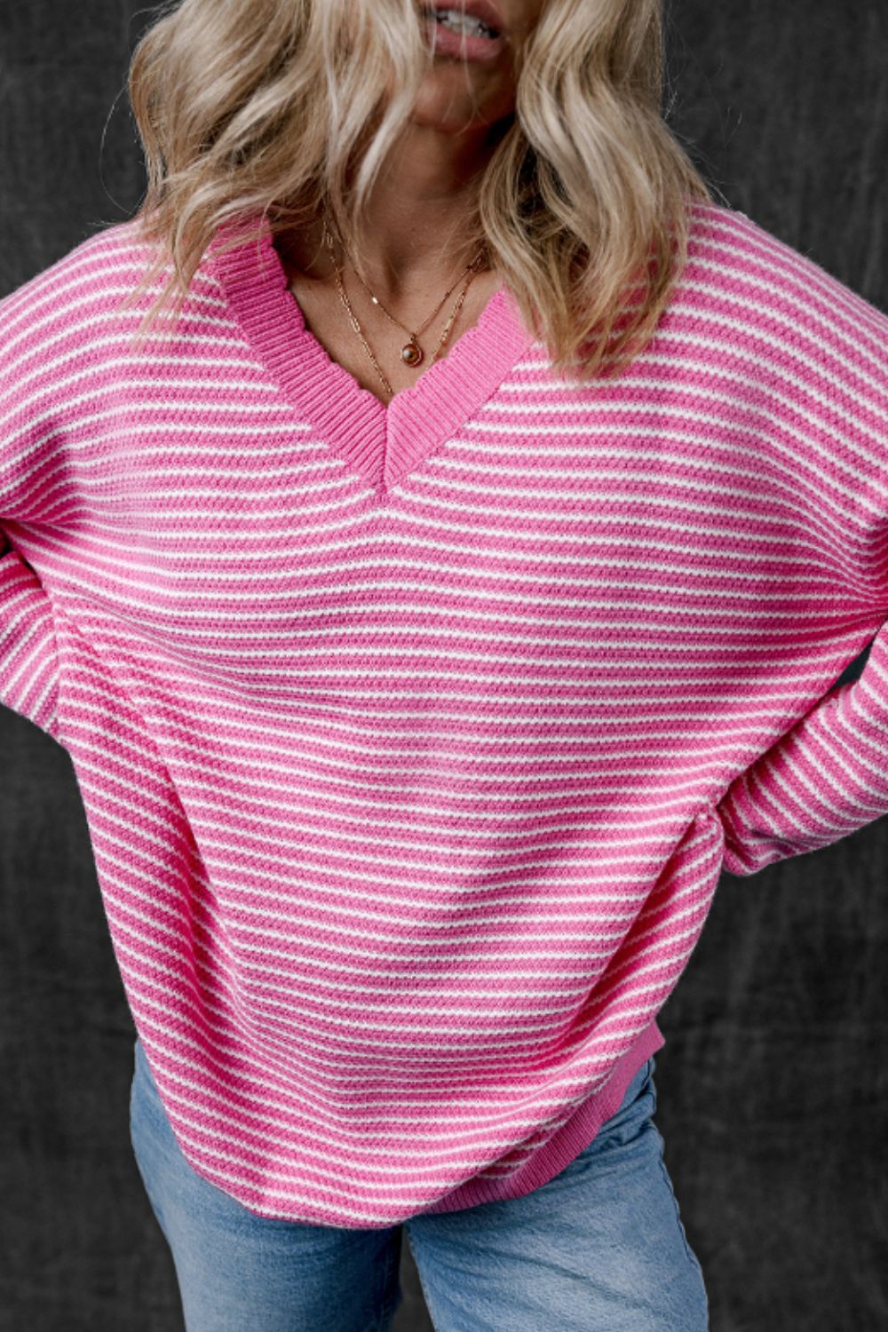 Striped V-Neck Dropped Shoulder Sweater-TOPS / DRESSES-[Adult]-[Female]-2022 Online Blue Zone Planet