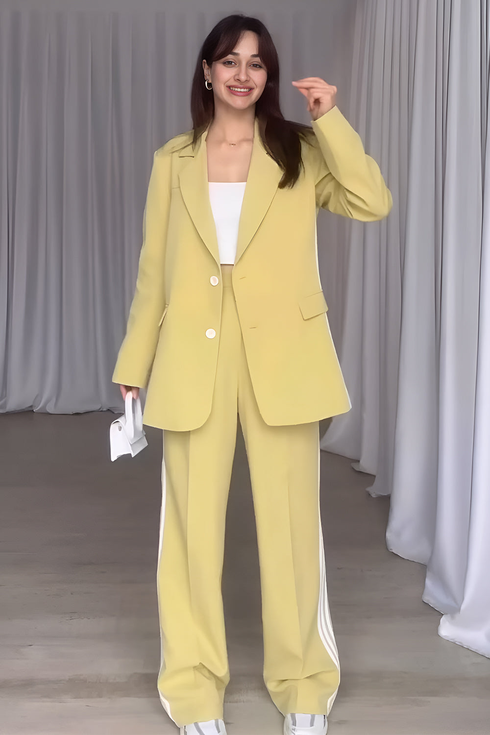 Side Striped Long Sleeve Blazer and Pants Set-TOPS / DRESSES-[Adult]-[Female]-Pastel Yellow-S-2022 Online Blue Zone Planet