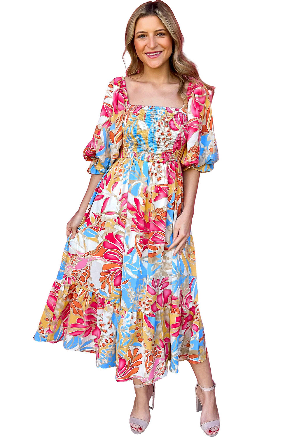 Rose Red Tropical Print Smocked Bodice Puff Sleeve Midi Dress-Midi Dresses-[Adult]-[Female]-2022 Online Blue Zone Planet