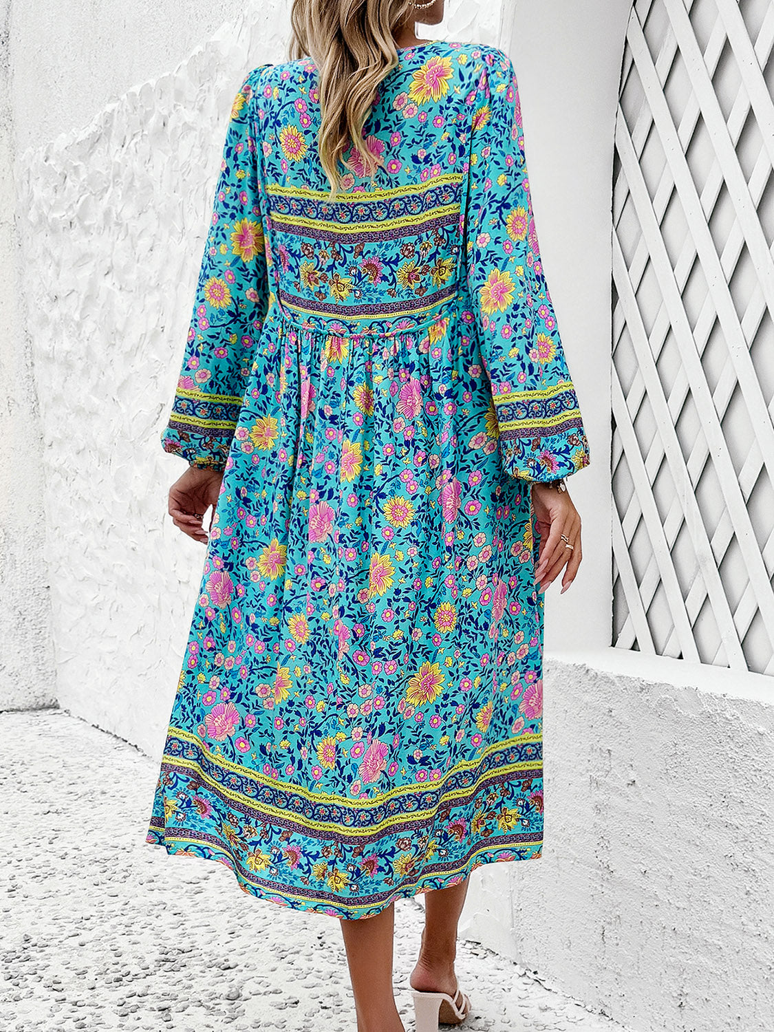 Raven's Tassel Tied Boho Printed Long Sleeve Midi Dress BLUE ZONE PLANET