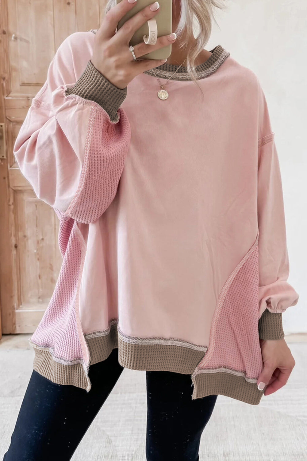 Light Pink Color Block Mix Texture Waffle Patchwork Oversize Sweatshirt-Tops/Sweatshirts & Hoodies-[Adult]-[Female]-2022 Online Blue Zone Planet