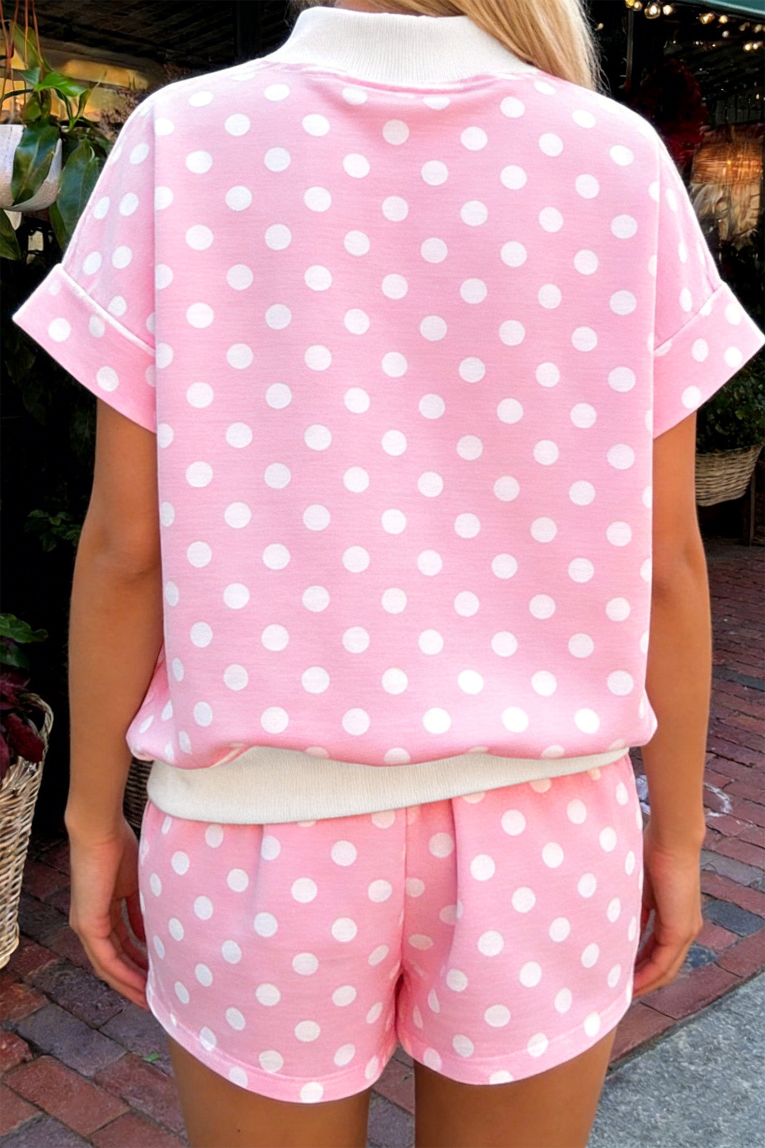 Sky Blue Polka Dot Print Color Block Trim Mock Neck Short Set-Two Piece Sets/Short Sets-[Adult]-[Female]-2022 Online Blue Zone Planet