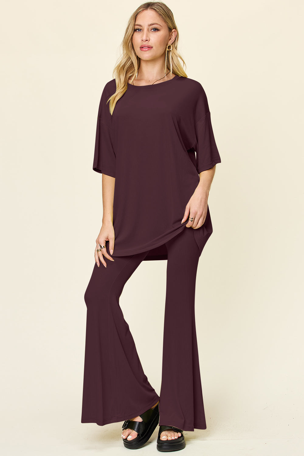 Blue Zone Planet | Double Take Full Size Round Neck Drop Shoulder T-Shirt and Flare Pants Set-TOPS / DRESSES-[Adult]-[Female]-Deep Red-S-2022 Online Blue Zone Planet