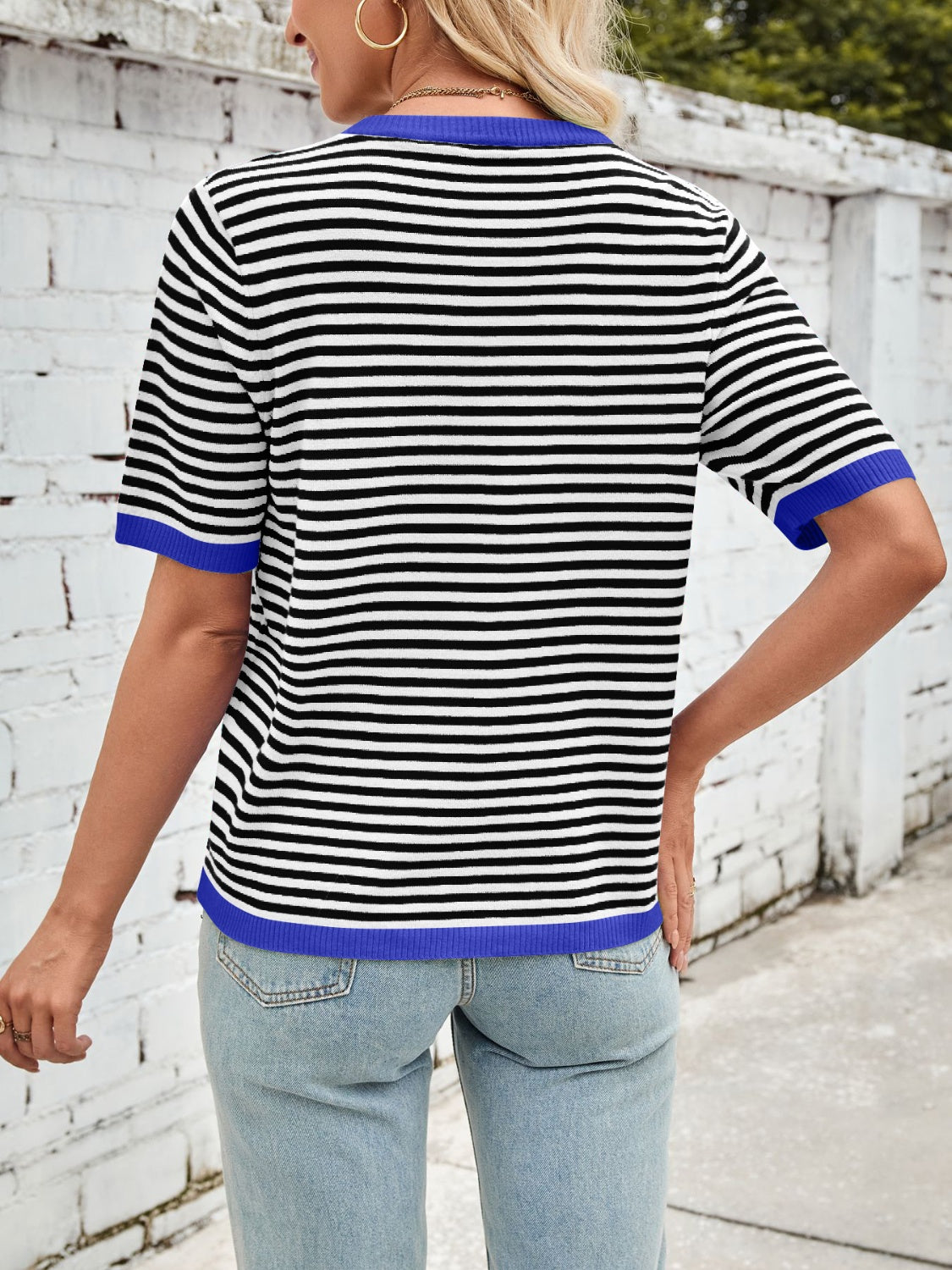 Lovelet Striped Contrast Round Neck Half Sleeve Knit Top-TOPS / DRESSES-[Adult]-[Female]-2022 Online Blue Zone Planet