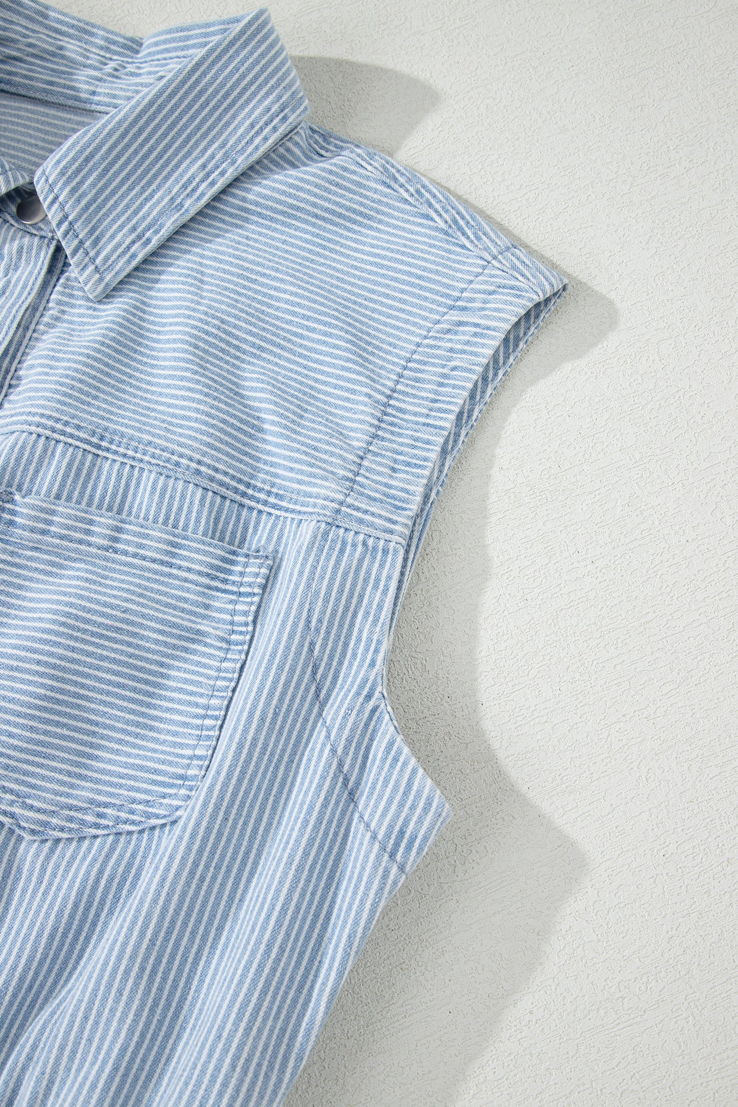 Sky Blue Stripe Collared Button Front Sleeveless Denim Mini Dress-TOPS / DRESSES-[Adult]-[Female]-2022 Online Blue Zone Planet