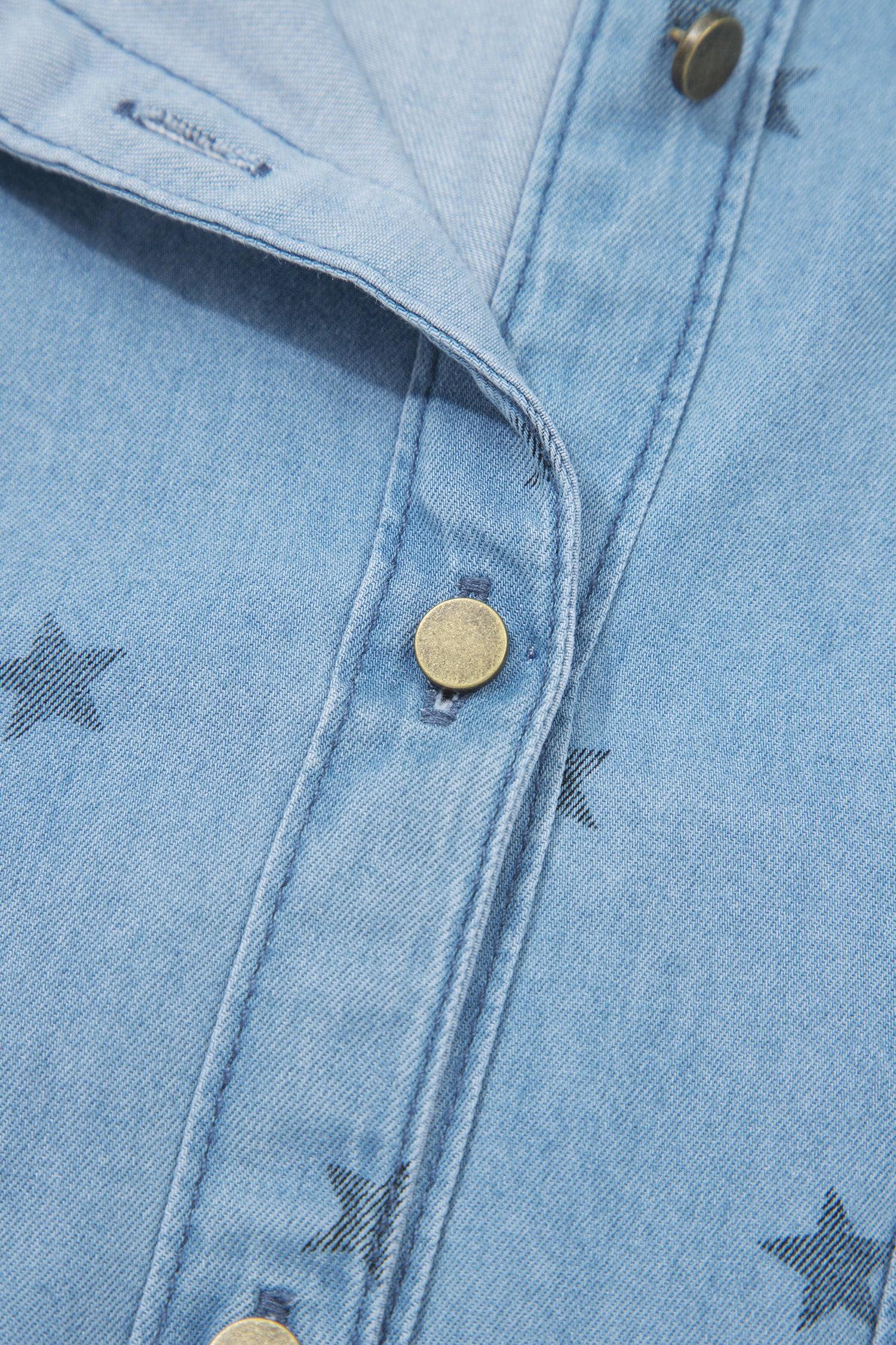 Beau Blue Star Allover Print Double Chest Pocket Short Sleeve Denim Shirt-Tops/Blouses & Shirts-[Adult]-[Female]-2022 Online Blue Zone Planet