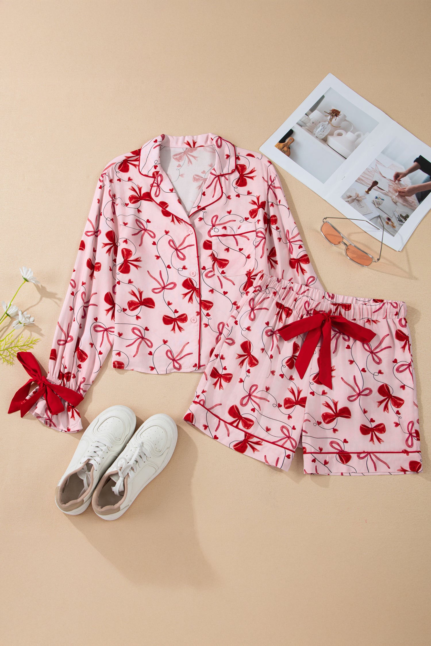 Red Bow Print Valentine Long Sleeve Shirt Shorts 2 Pcs Pajama Set-Loungewear & Sleepwear/Sleepwear-[Adult]-[Female]-2022 Online Blue Zone Planet