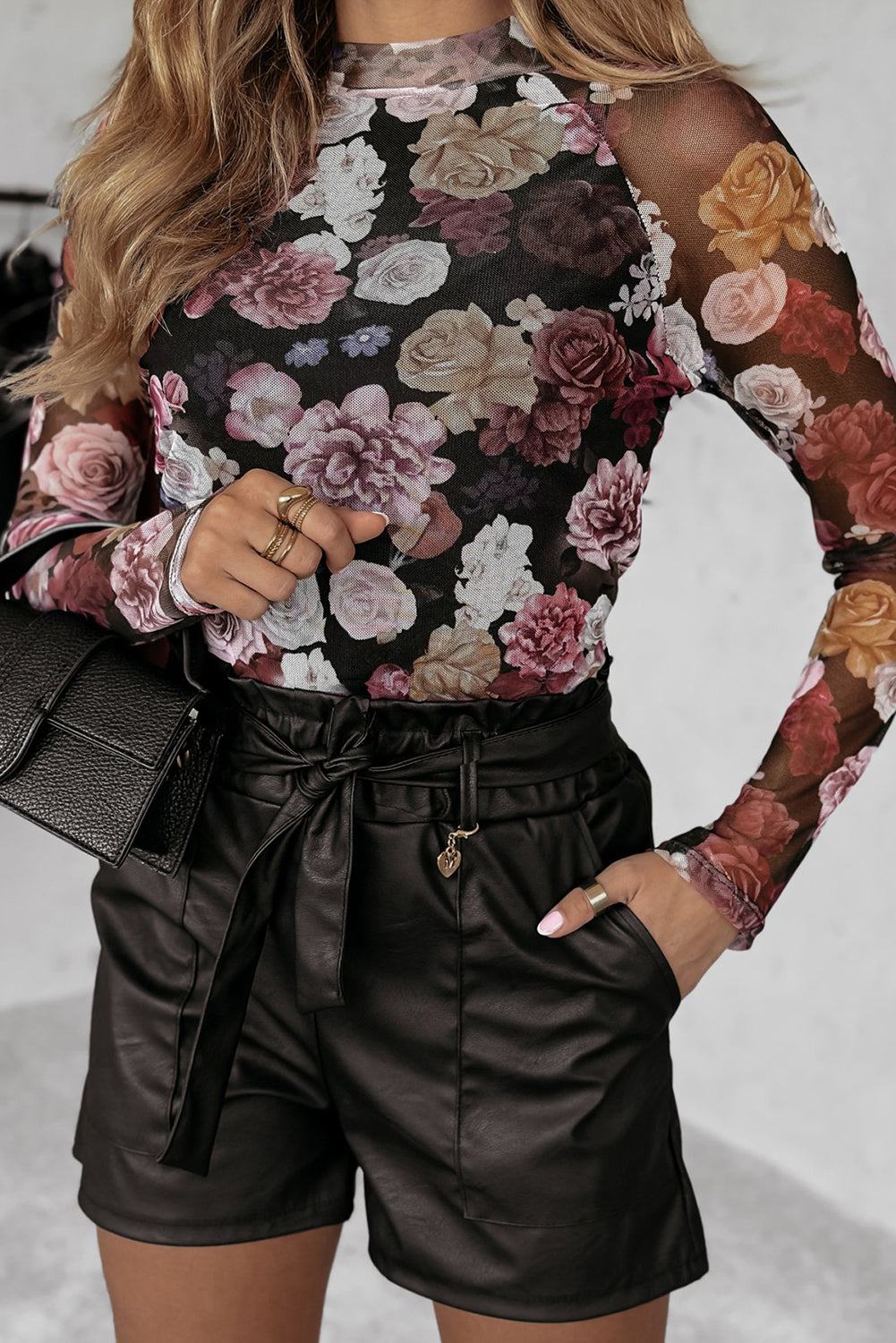 Pink Mesh Floral Print Mock Neck Long Sleeve Slim Top-Tops/Long Sleeve Tops-[Adult]-[Female]-Pink-S-2022 Online Blue Zone Planet