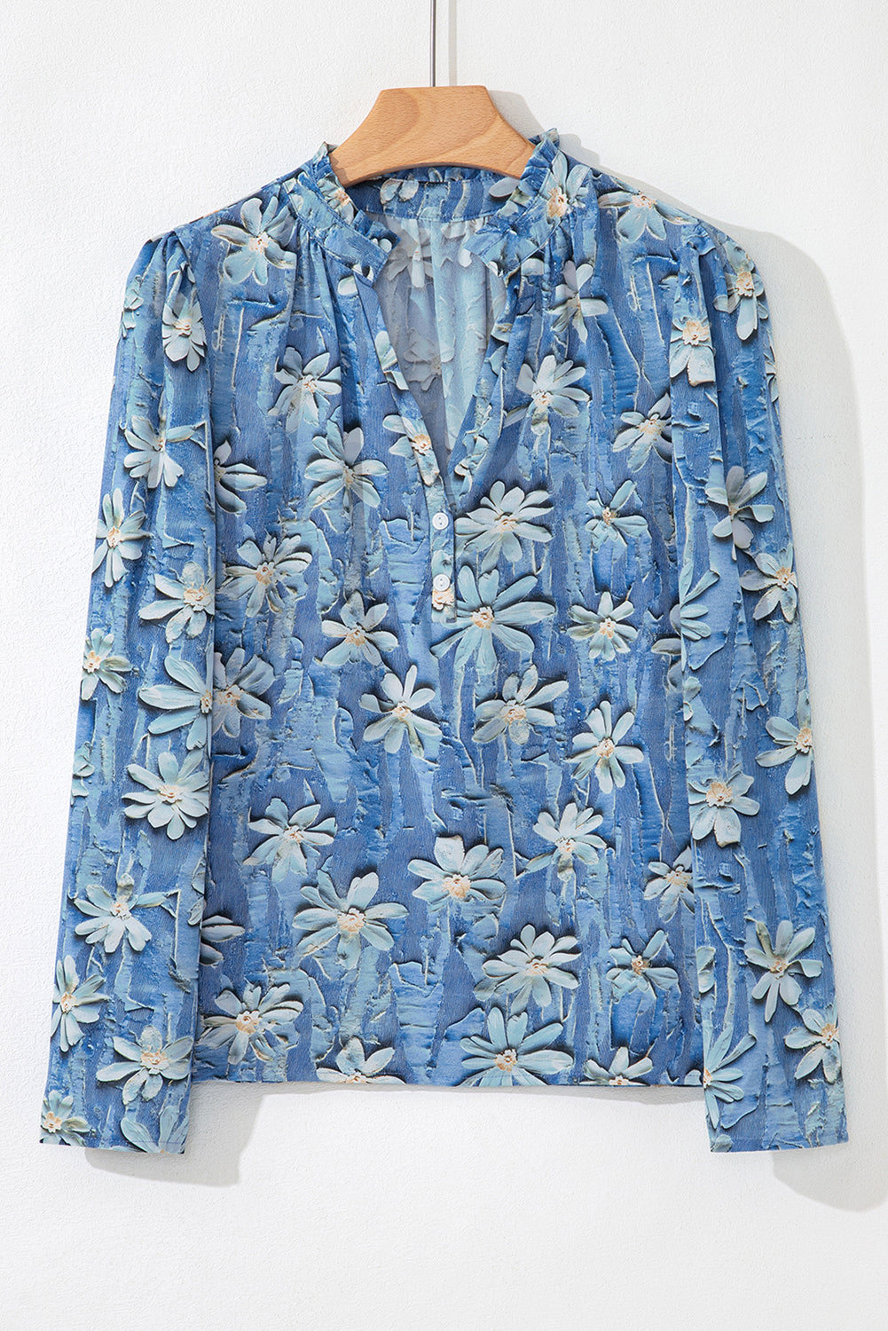Sky Blue Fall Floral Half Placket Collared V Neck Blouse-Tops/Blouses & Shirts-[Adult]-[Female]-2022 Online Blue Zone Planet