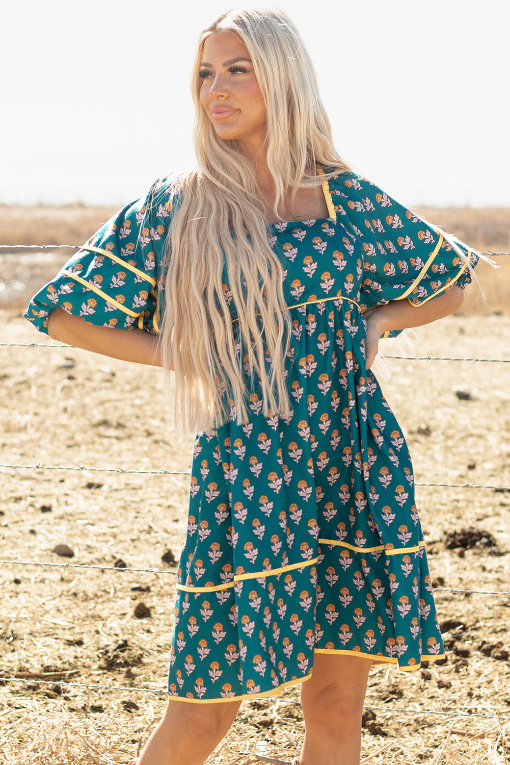 Skobeloff Floral Contrast Trim Square Neck Puff Sleeve Dress-TOPS / DRESSES-[Adult]-[Female]-2022 Online Blue Zone Planet