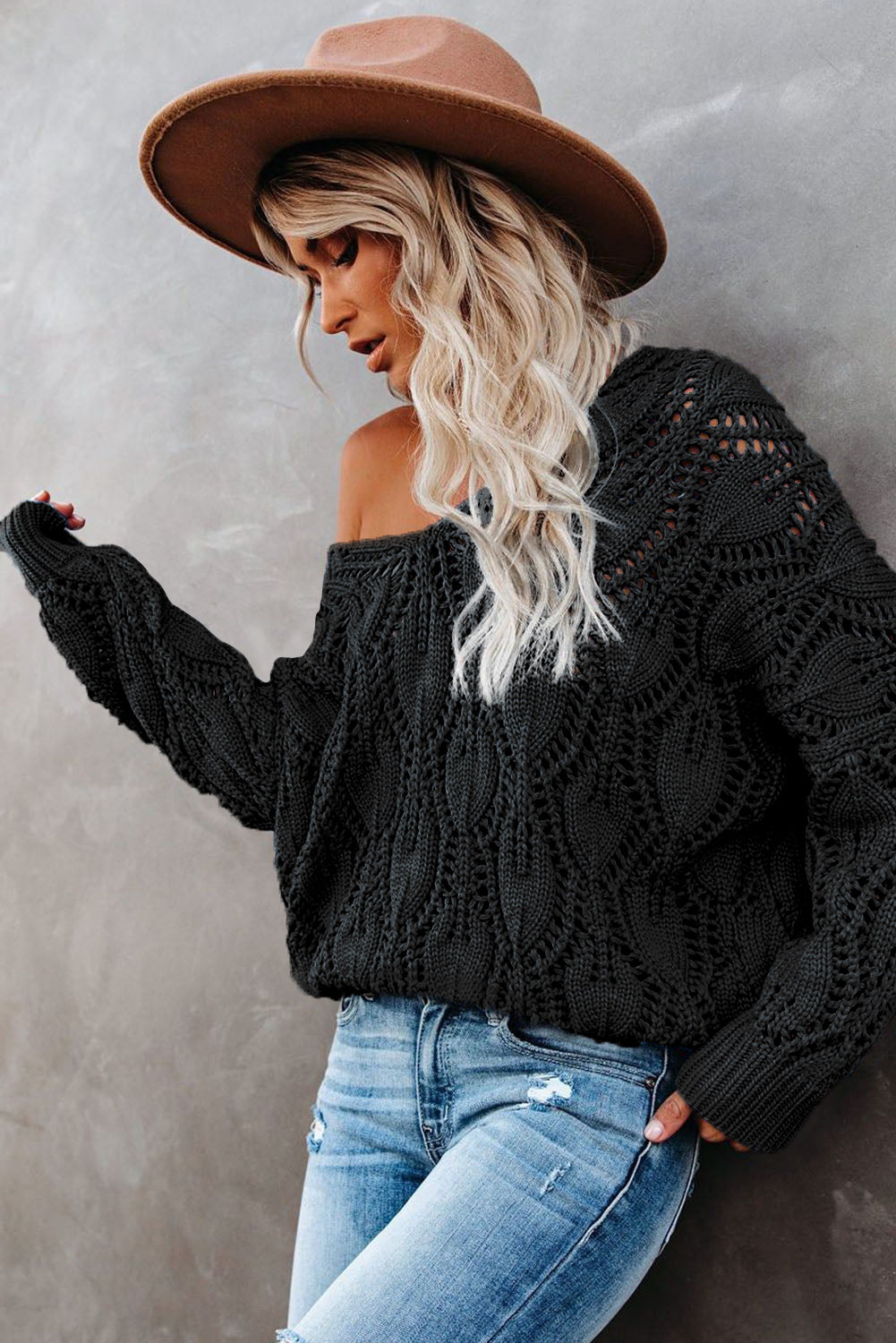 Black Crochet Knit Ribbed Hem Hollow-out Sweater-Sweaters & Cardigans/Sweaters-[Adult]-[Female]-2022 Online Blue Zone Planet
