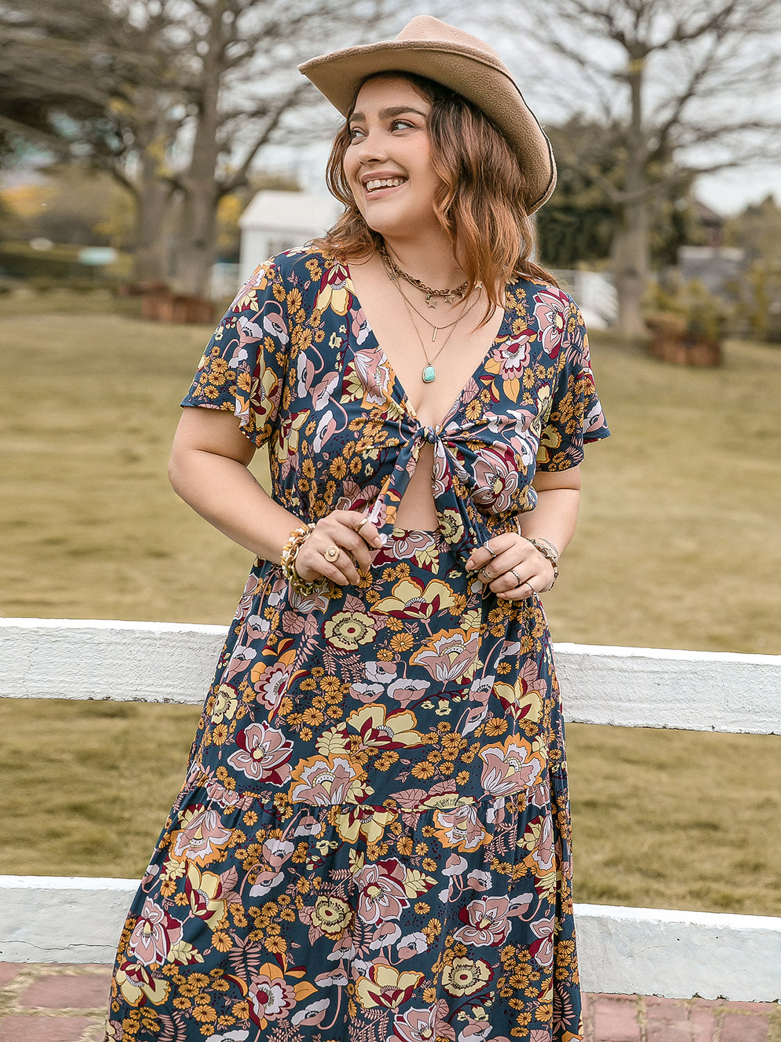 Blue Zone Planet | Plus Size Tied Printed Short Sleeve Midi Dress-TOPS / DRESSES-[Adult]-[Female]-2022 Online Blue Zone Planet