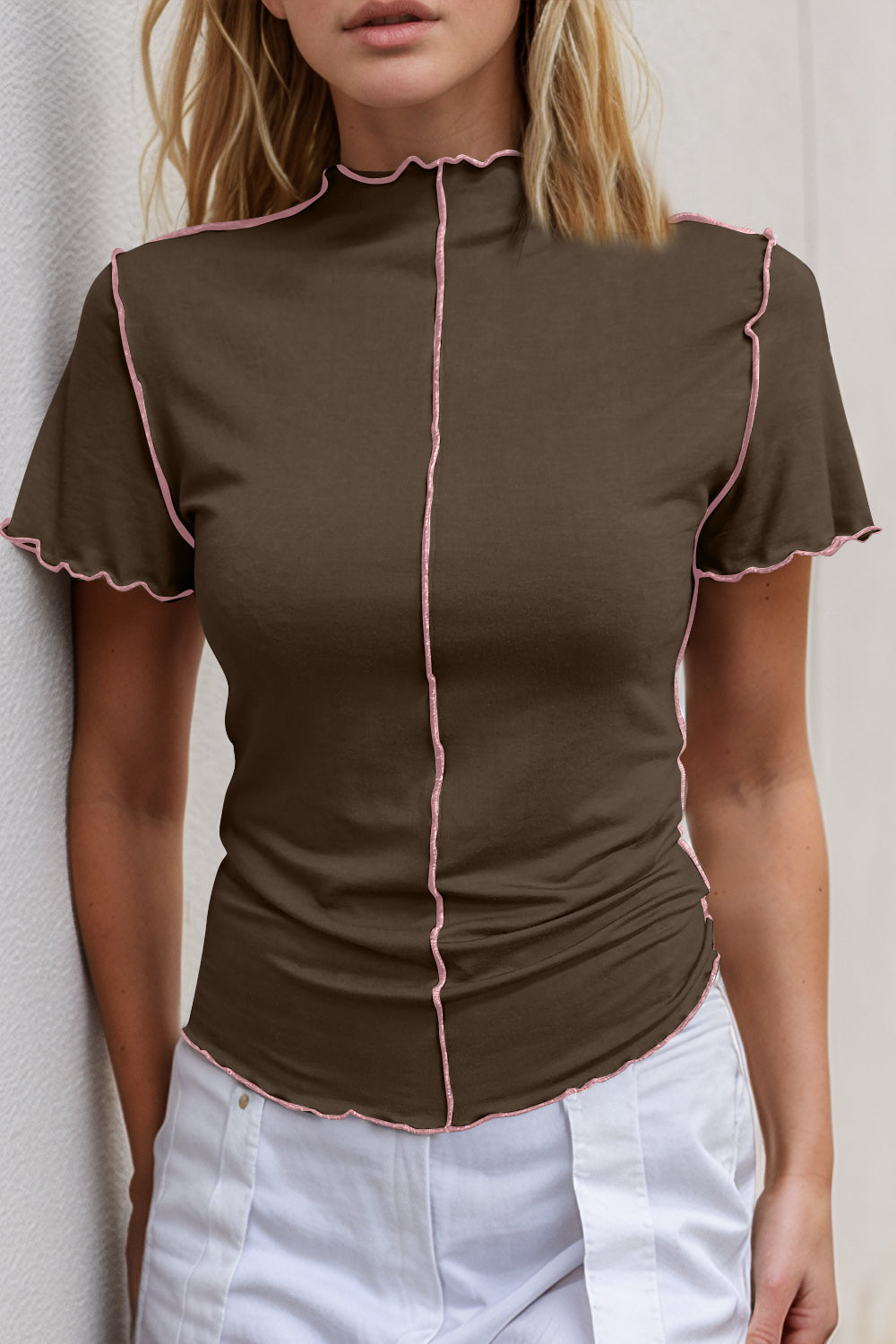 Basic Bae Contrast Trim Mock Neck Short Sleeve T-Shirt-TOPS / DRESSES-[Adult]-[Female]-Chocolate-S-2022 Online Blue Zone Planet