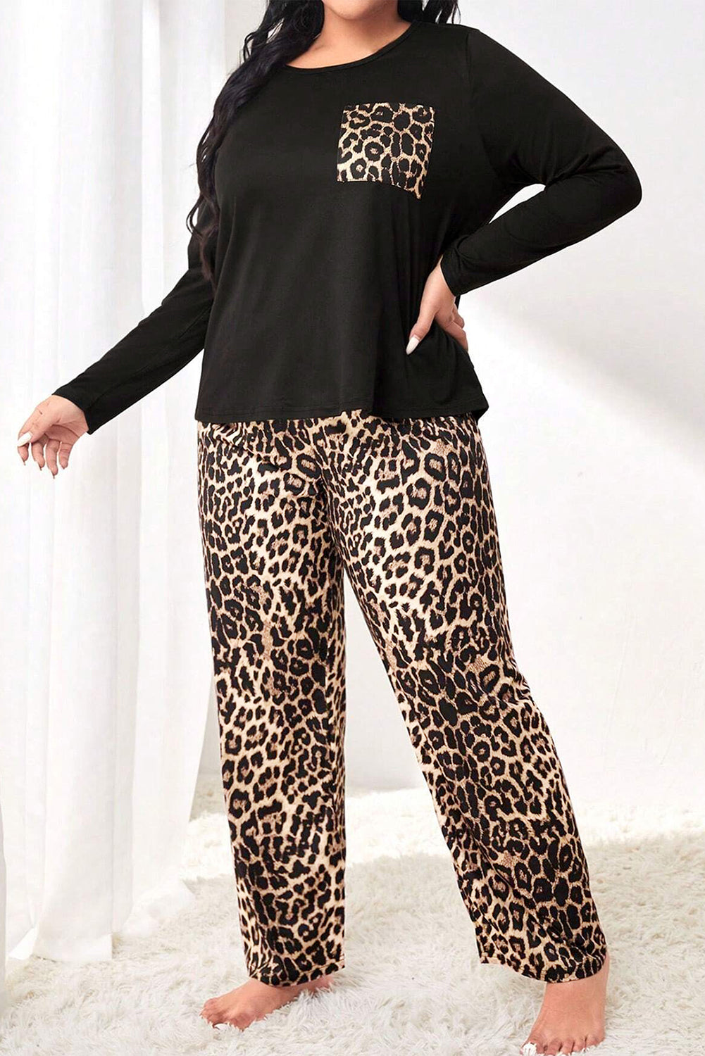 Blue Zone Planet | Black Leopard Patched Pocket Long Sleeve Top Plus Size Pants Set-Plus Size/Plus Size Loungewear-[Adult]-[Female]-2022 Online Blue Zone Planet