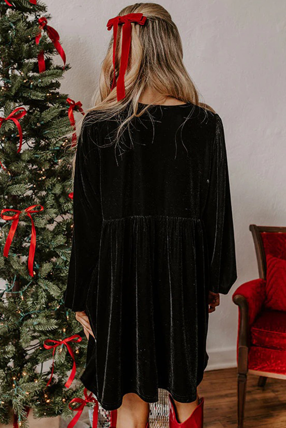 Black Front Tie Velvet Bubble Sleeve Mini Dress-TOPS / DRESSES-[Adult]-[Female]-2022 Online Blue Zone Planet