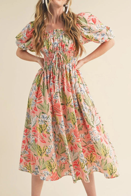 Apricot Pink Floral Smocked Bust Bubble Short Sleeve Maxi Dress-TOPS / DRESSES-[Adult]-[Female]-Apricot Pink-S-2022 Online Blue Zone Planet