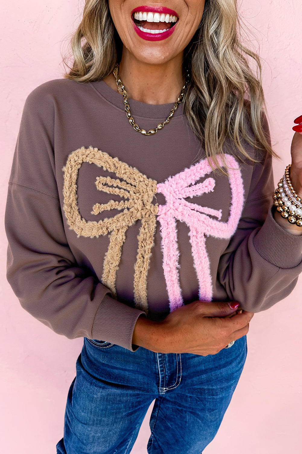 Dark Khaki Contrast Terry Bow Pattern Drop Shoulder Sweatshirt-Tops/Sweatshirts & Hoodies-[Adult]-[Female]-Dark Khaki-S-2022 Online Blue Zone Planet