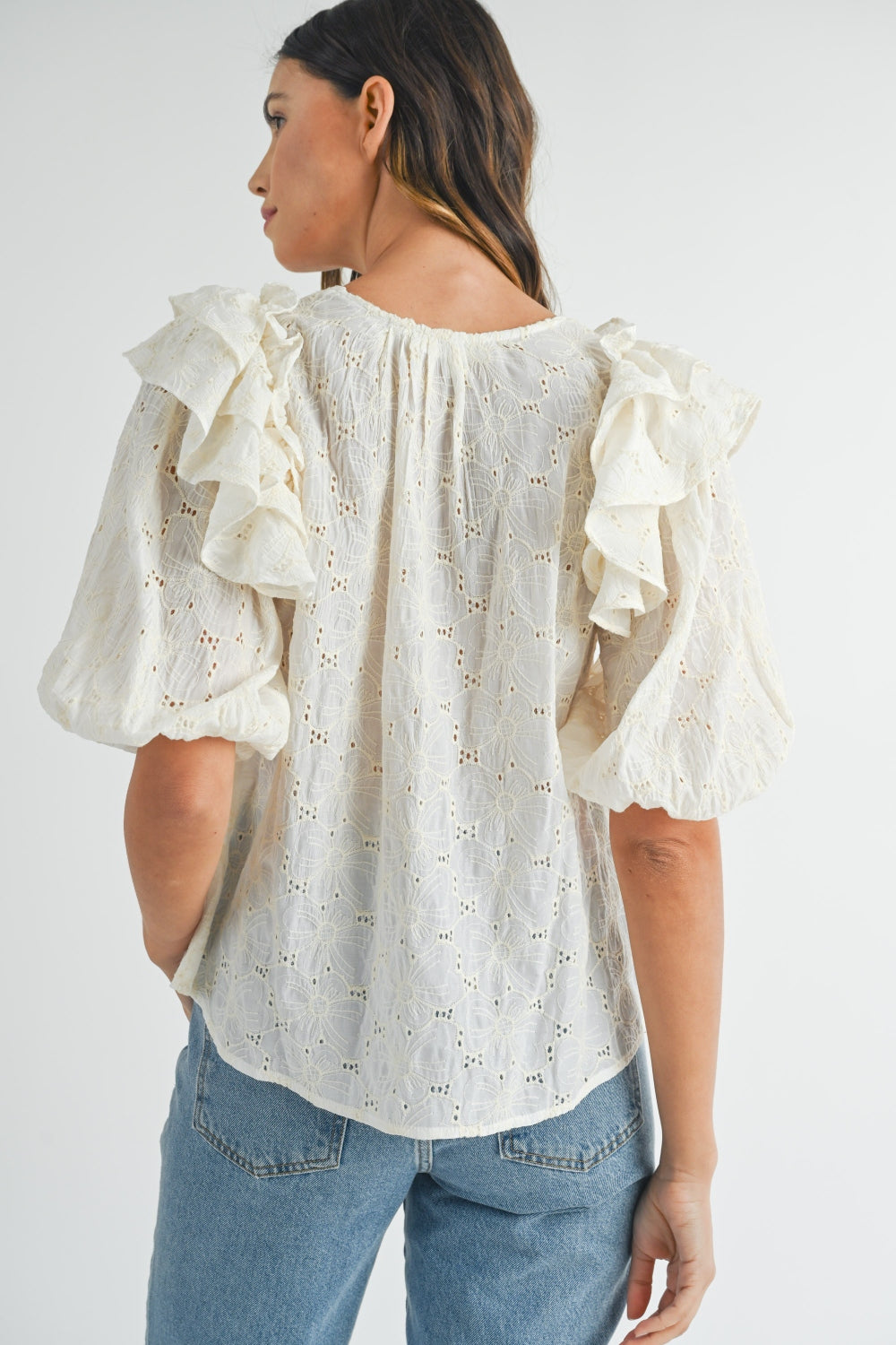 Blue Zone Planet | MABLE Eyelet Lace Ruffle Shoulder Puff Sleeve Blouse-TOPS / DRESSES-[Adult]-[Female]-2022 Online Blue Zone Planet