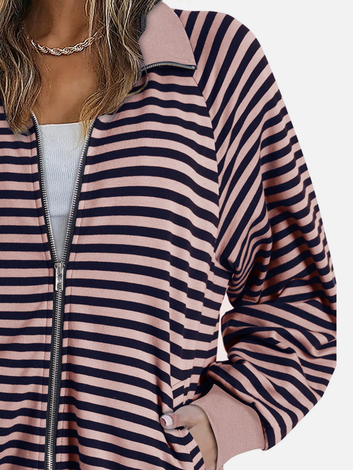 Striped Zip Up Long Sleeve Sweatshirt-TOPS / DRESSES-[Adult]-[Female]-2022 Online Blue Zone Planet