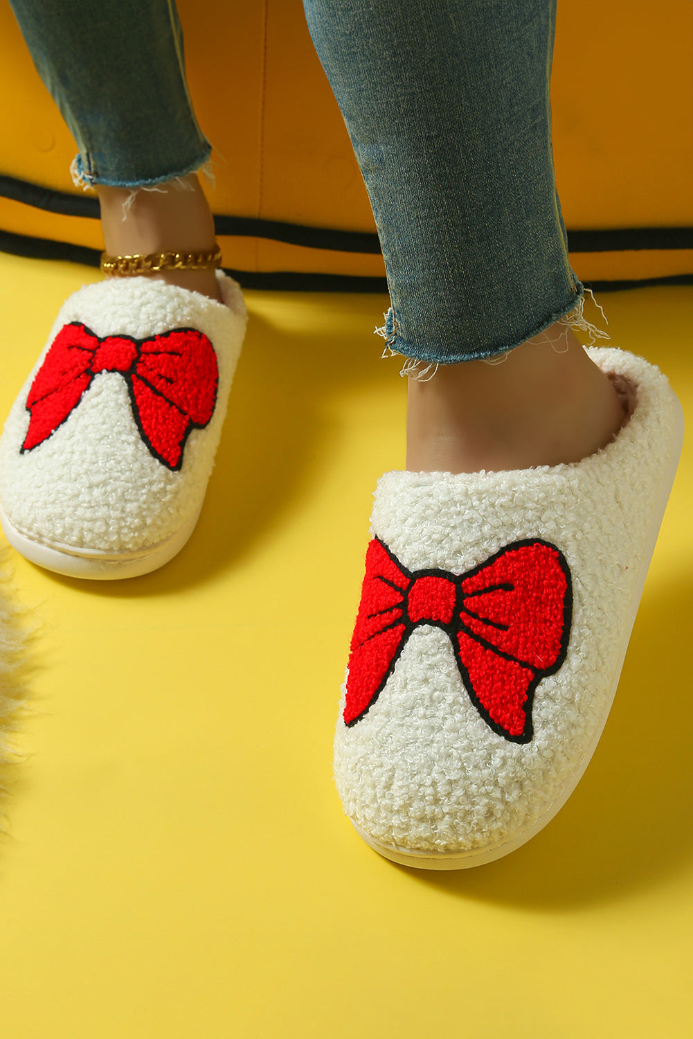 White Sweet Bow Knot Plush Warm Slippers-Slides Shoes + Flip Flops-[Adult]-[Female]-2022 Online Blue Zone Planet