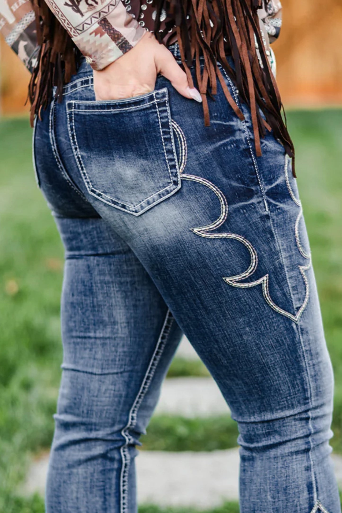Blue Western Embroidered Flare Full Length Jeans-Bottoms/Jeans-[Adult]-[Female]-2022 Online Blue Zone Planet