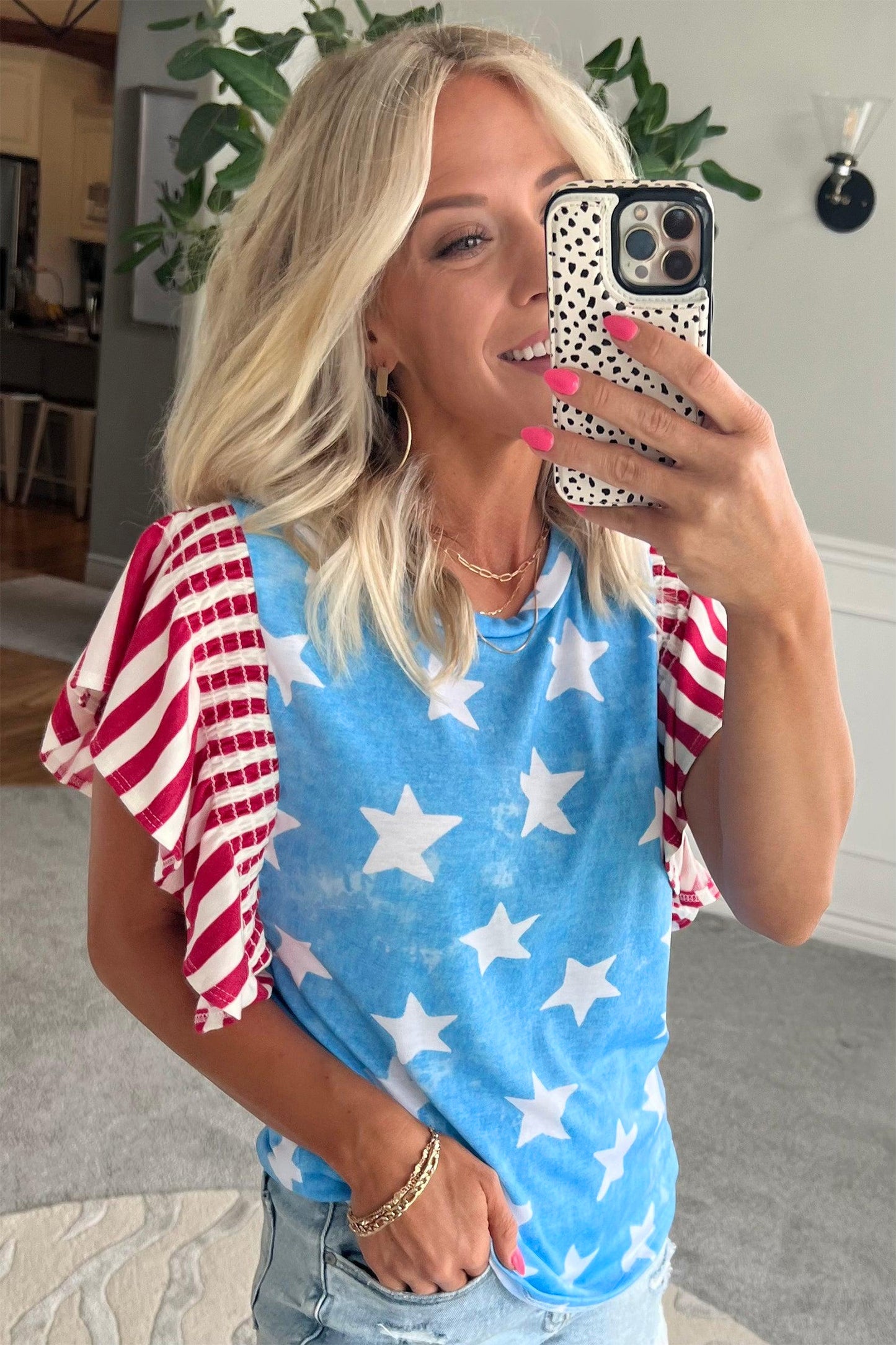 Sky Blue Vintage Star Print Striped Ruffle Sleeve Independence Day Top-Tops/Tops & Tees-[Adult]-[Female]-2022 Online Blue Zone Planet