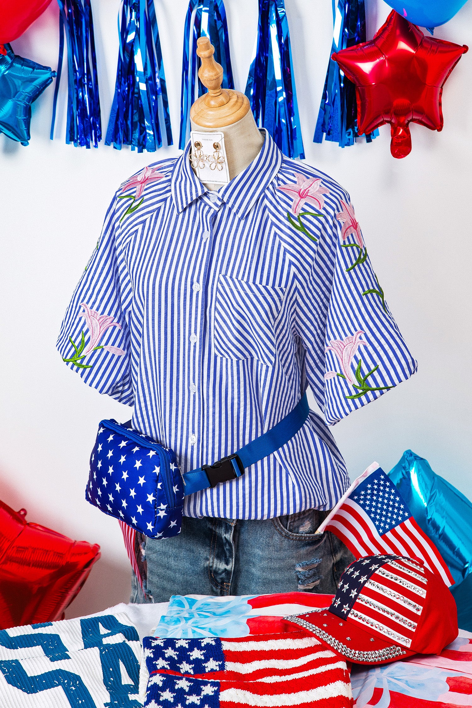 Sky Blue Stripe Lily Floral Embroidered Puff Sleeve Button Down Shirt-Tops/Blouses & Shirts-[Adult]-[Female]-2022 Online Blue Zone Planet