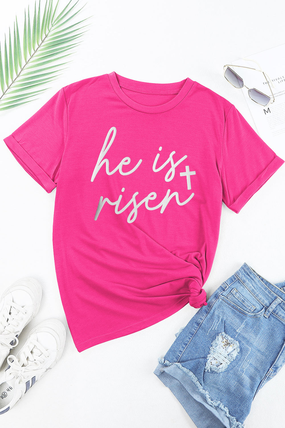 Rose Red Glitter he is risen Cross Printed Crewneck Tee-Graphic/Graphic Tees-[Adult]-[Female]-2022 Online Blue Zone Planet