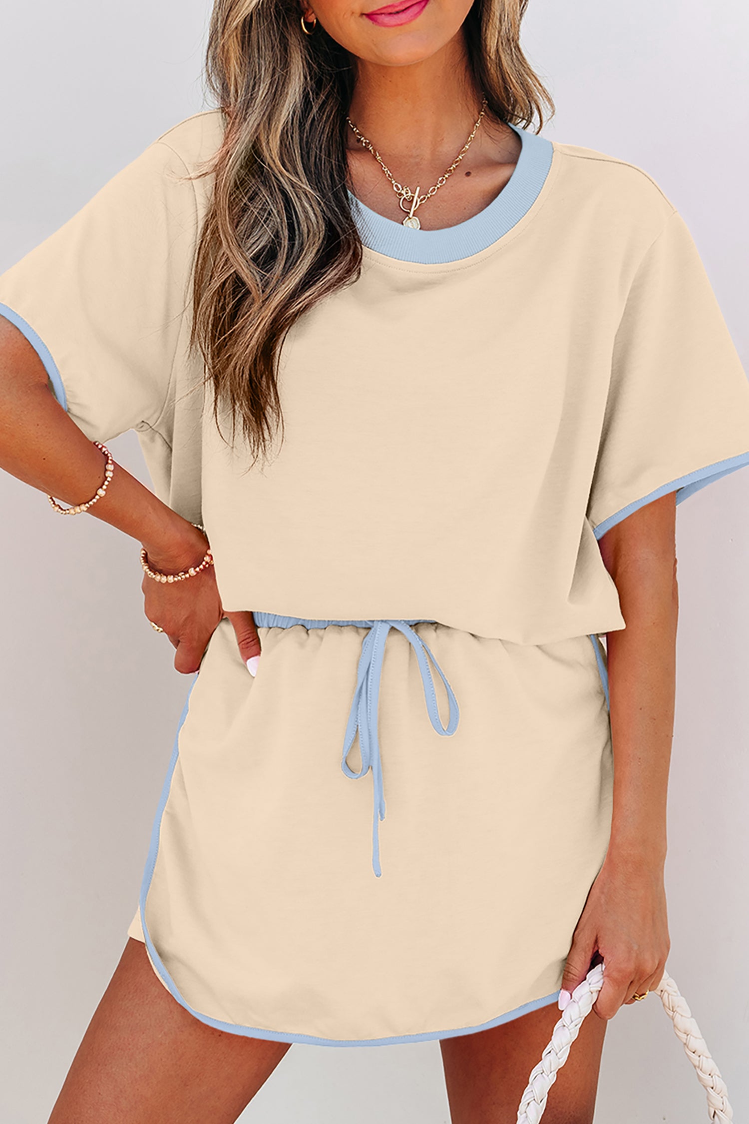 Apricot Colorblock Edge Drop Shoulder T Shirt and Skort 2Pcs Set-Two Piece Sets/Two Piece Dresses-[Adult]-[Female]-Apricot-S-2022 Online Blue Zone Planet