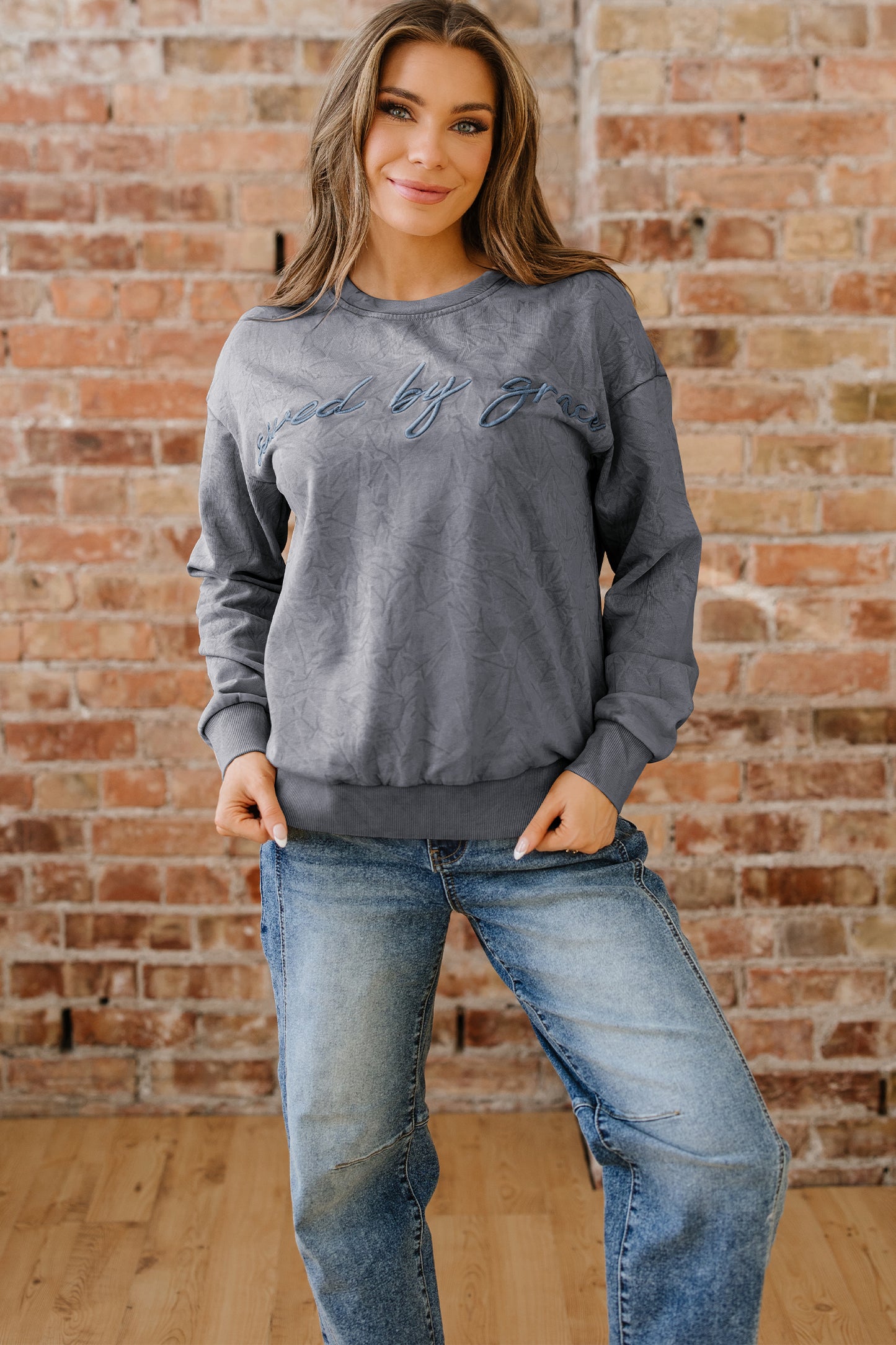 High-Rise Saved By Grace Letter Embroidery Mineral Wash Loose Sweatshirt-Tops/Sweatshirts & Hoodies-[Adult]-[Female]-2022 Online Blue Zone Planet