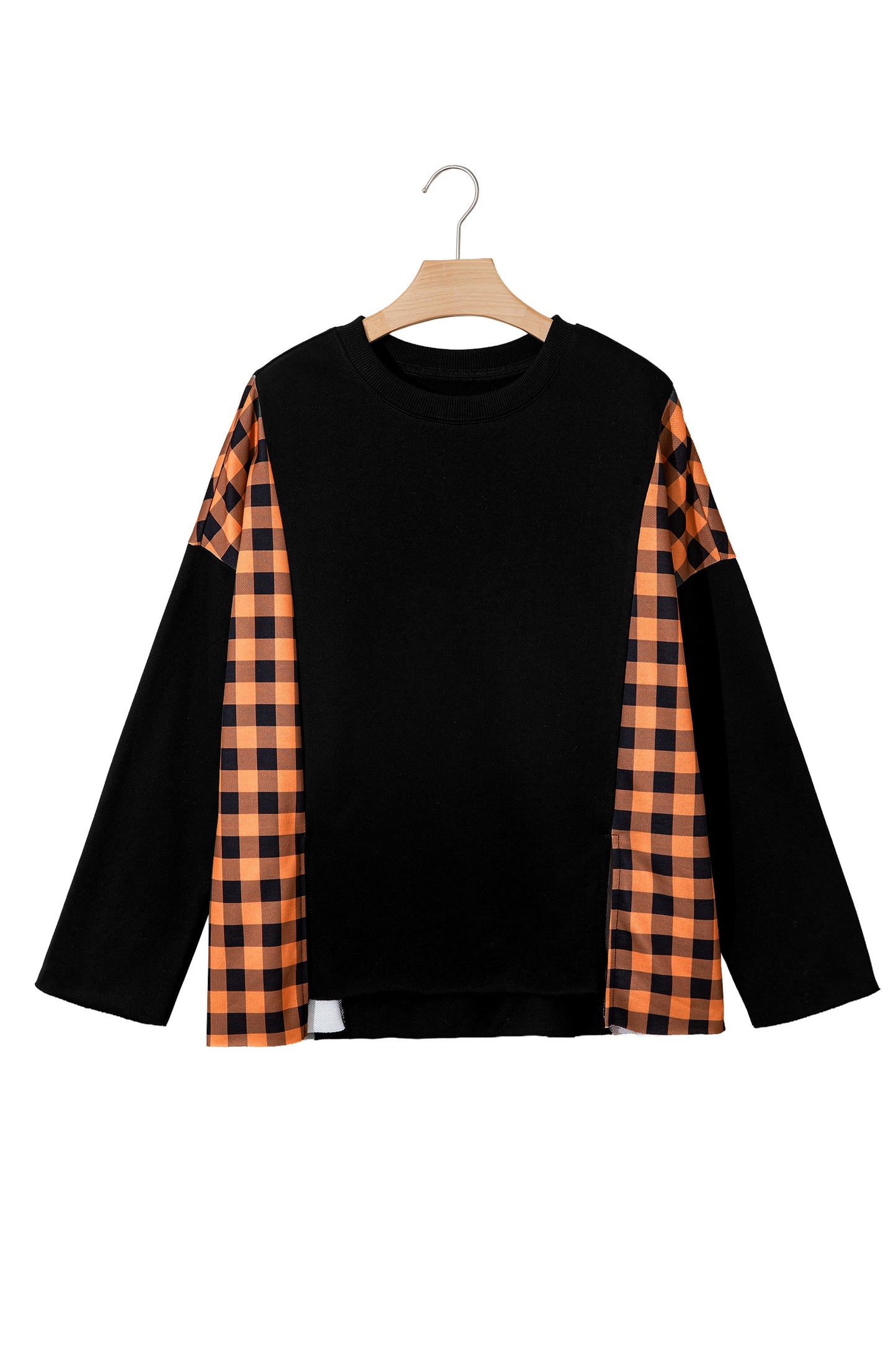 Black Patchwork Plaid Pumpkin Face Long Sleeve Top-Tops/Long Sleeve Tops-[Adult]-[Female]-2022 Online Blue Zone Planet