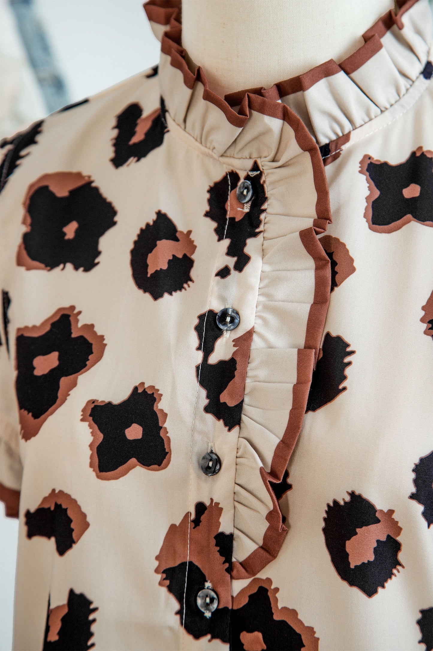 Khaki Leopard Printed Ruffle Sleeve Summer Blouse-Tops/Blouses & Shirts-[Adult]-[Female]-2022 Online Blue Zone Planet