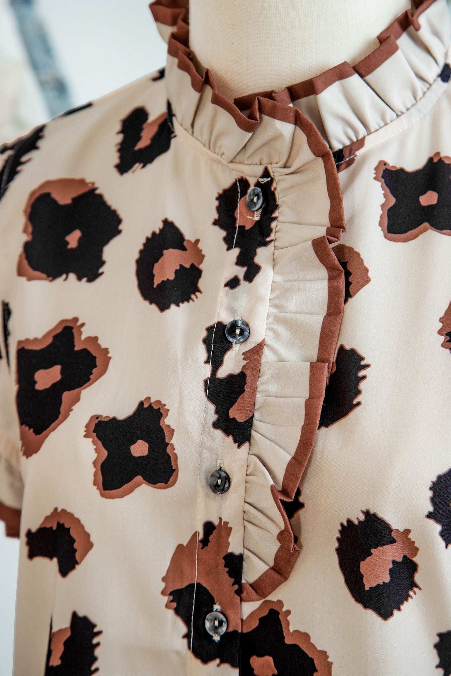 Khaki Leopard Printed Ruffle Sleeve Summer Blouse-Tops/Blouses & Shirts-[Adult]-[Female]-2022 Online Blue Zone Planet