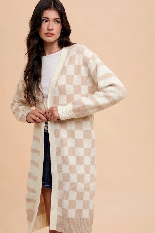 Annie Wear Checkered & Striped Open Front Long Sleeve Cardigan-TOPS / DRESSES-[Adult]-[Female]-Latte Combo-S-2022 Online Blue Zone Planet