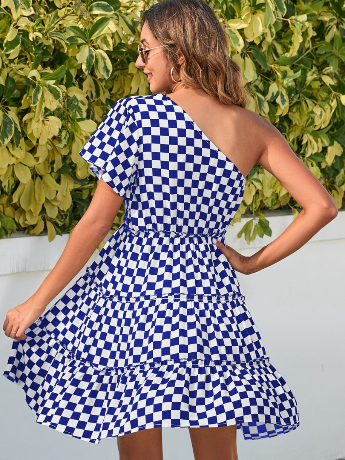 Checkered Single Shoulder Mini Dress-TOPS / DRESSES-[Adult]-[Female]-Navy-S-2022 Online Blue Zone Planet