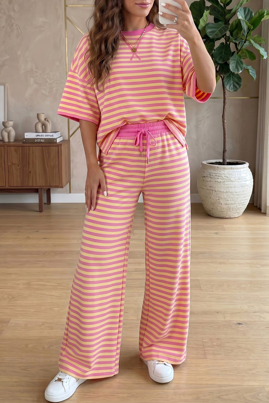 Pink Stripe Colorblock Trim Crew Neck Loose Tee Drawstring Elastic Waist 2pcs Pant Set-Two Piece Sets/Pant Sets-[Adult]-[Female]-Pink Stripe-S-2022 Online Blue Zone Planet