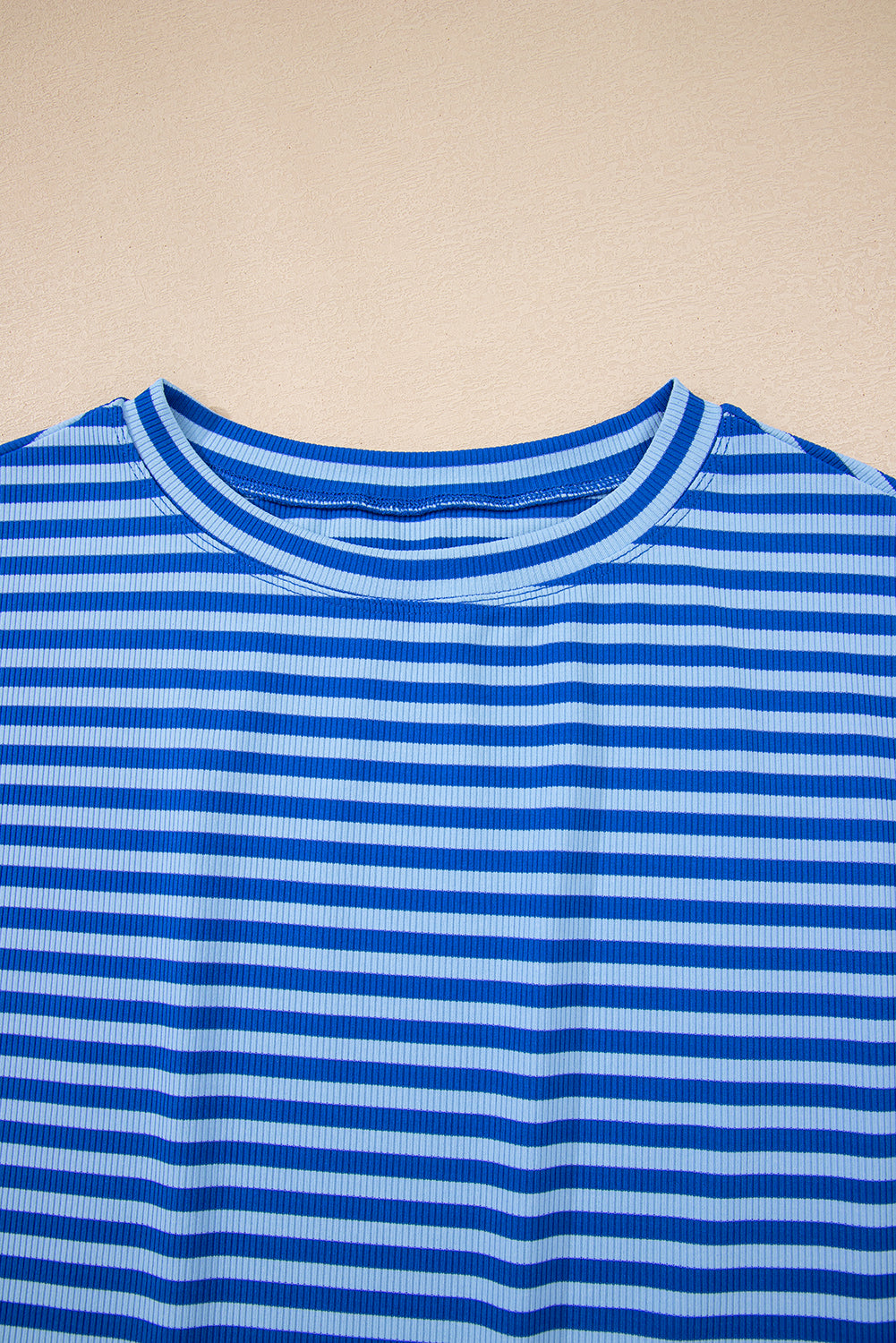 Sky Blue Stripe Ribbed Cap Sleeve Round Neck T Shirt-Tops/Tops & Tees-[Adult]-[Female]-2022 Online Blue Zone Planet