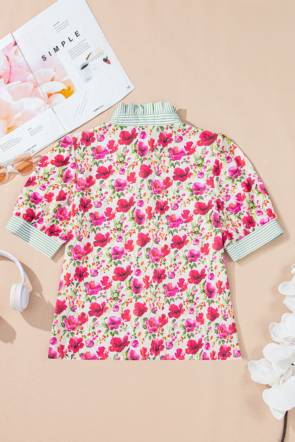 Red Floral Print Striped Patchwork Collared Short Sleeve Blouse-Tops/Blouses & Shirts-[Adult]-[Female]-2022 Online Blue Zone Planet