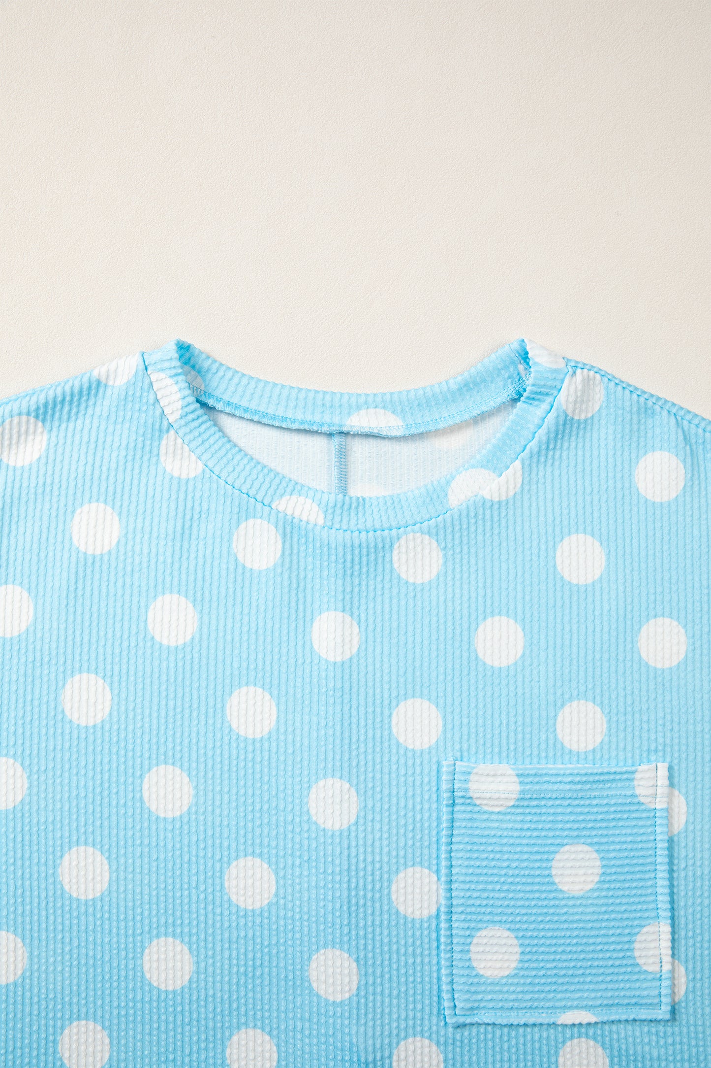 Pink Polka Dot Round Neck Drop Shoulder Patch Pocket Jacquard Texture Top-Tops/Tops & Tees-[Adult]-[Female]-2022 Online Blue Zone Planet