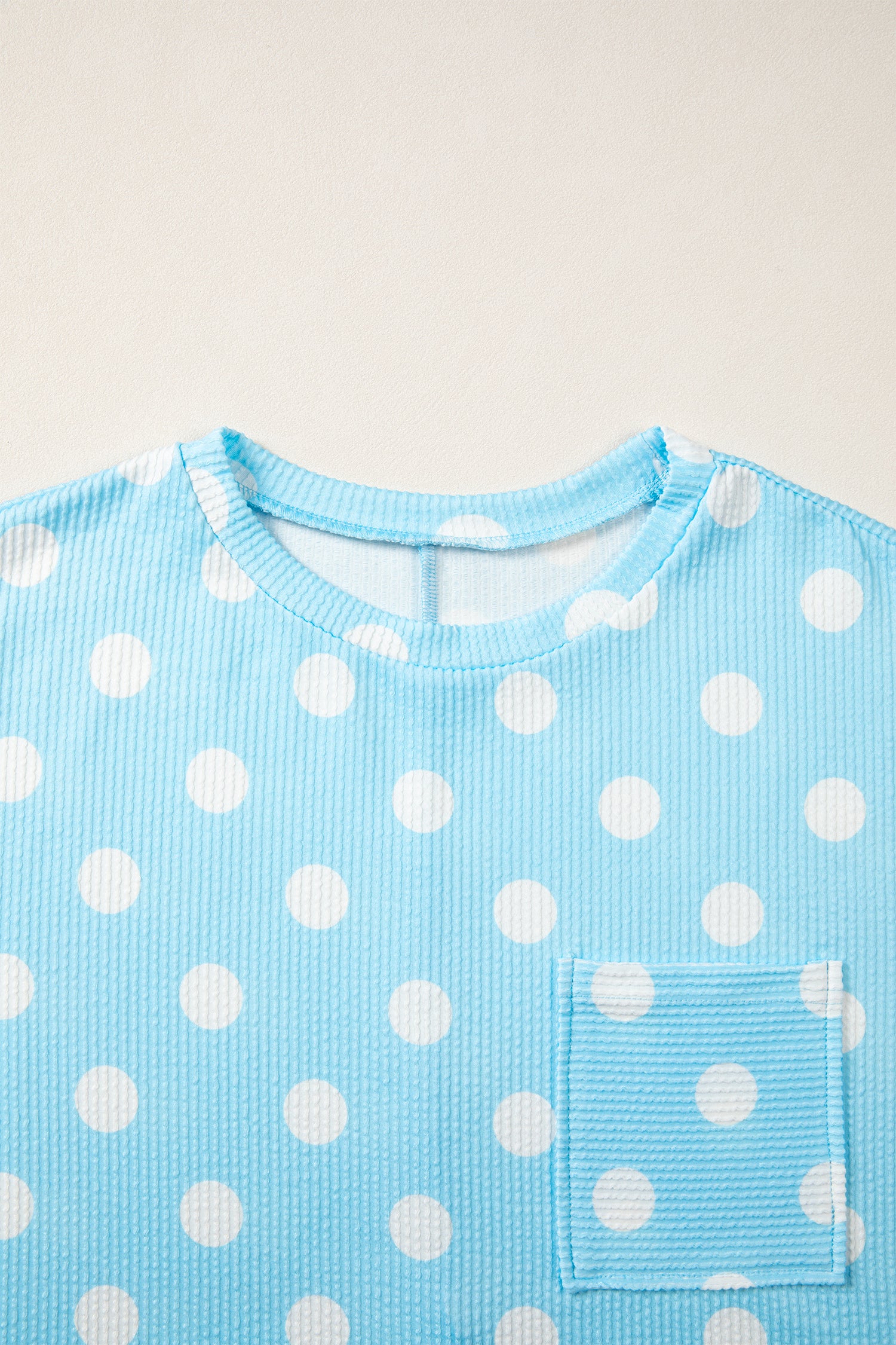 Pink Polka Dot Round Neck Drop Shoulder Patch Pocket Jacquard Texture Top-Tops/Tops & Tees-[Adult]-[Female]-2022 Online Blue Zone Planet