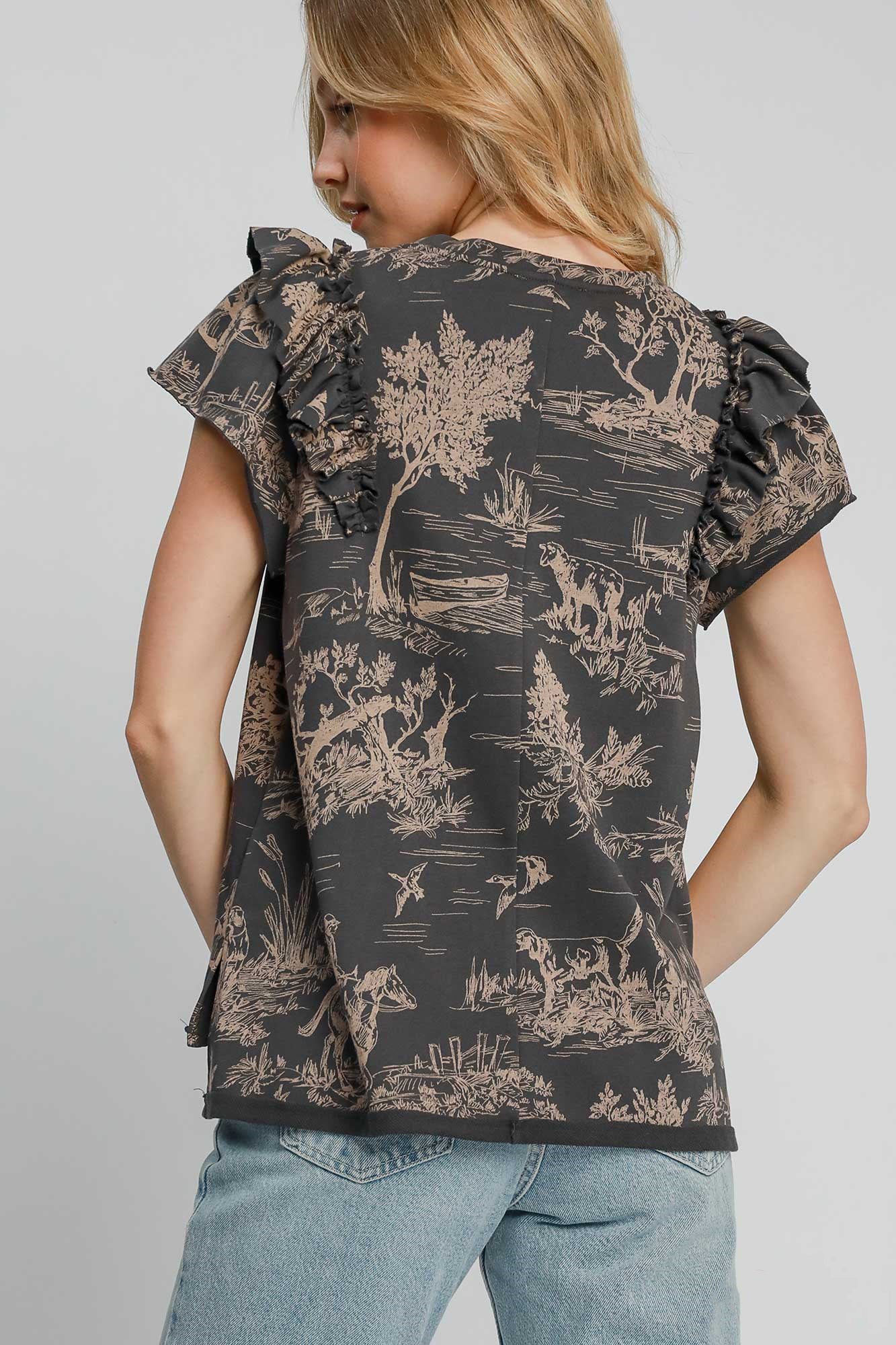 Umgee Ruffled Landscape Print Short Sleeve French Terry Top-TOPS / DRESSES-[Adult]-[Female]-2022 Online Blue Zone Planet